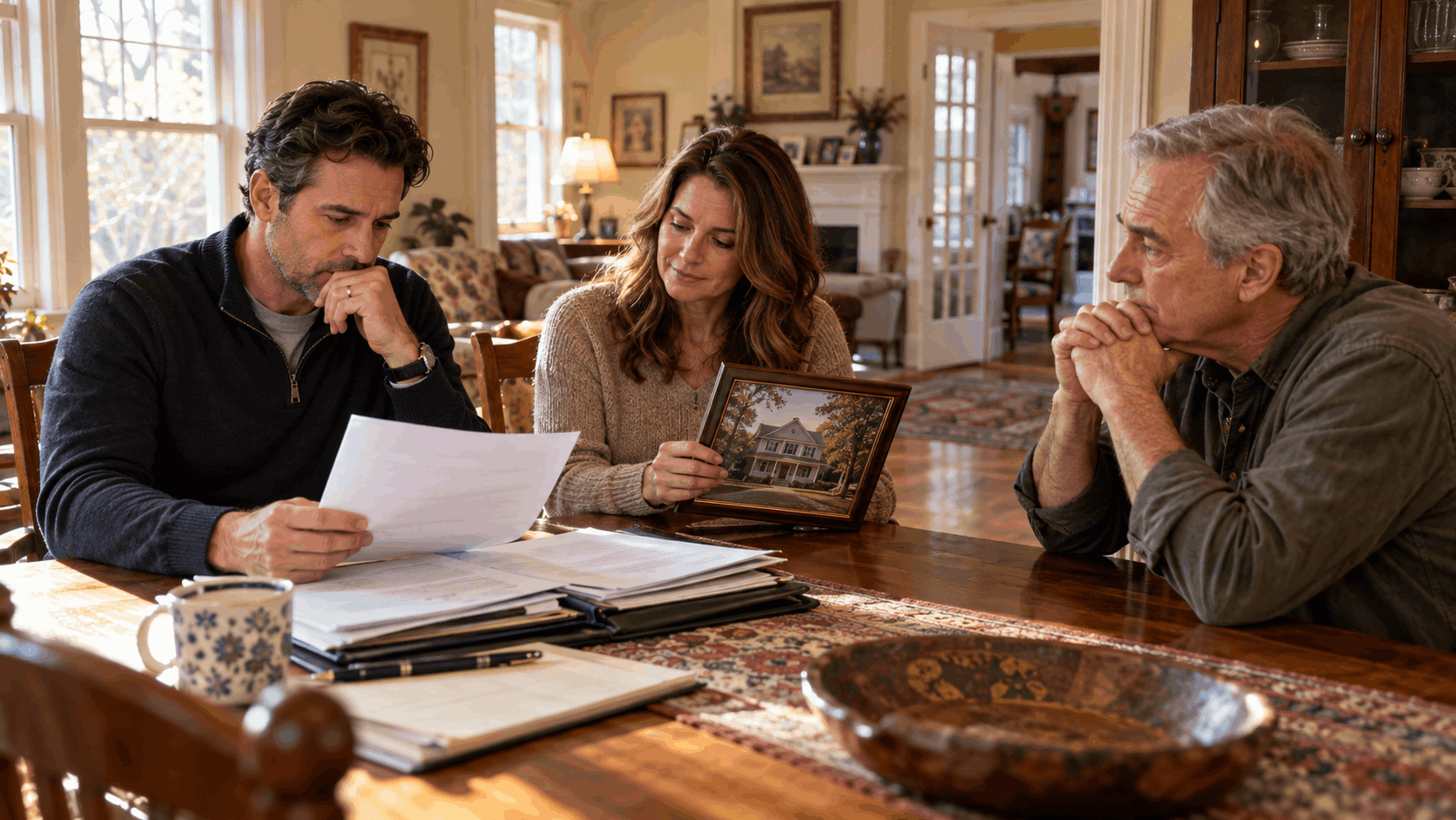 Three adult siblings discussing an inherited house with a mortgage in New Jersey, reviewing property documents and family home options.