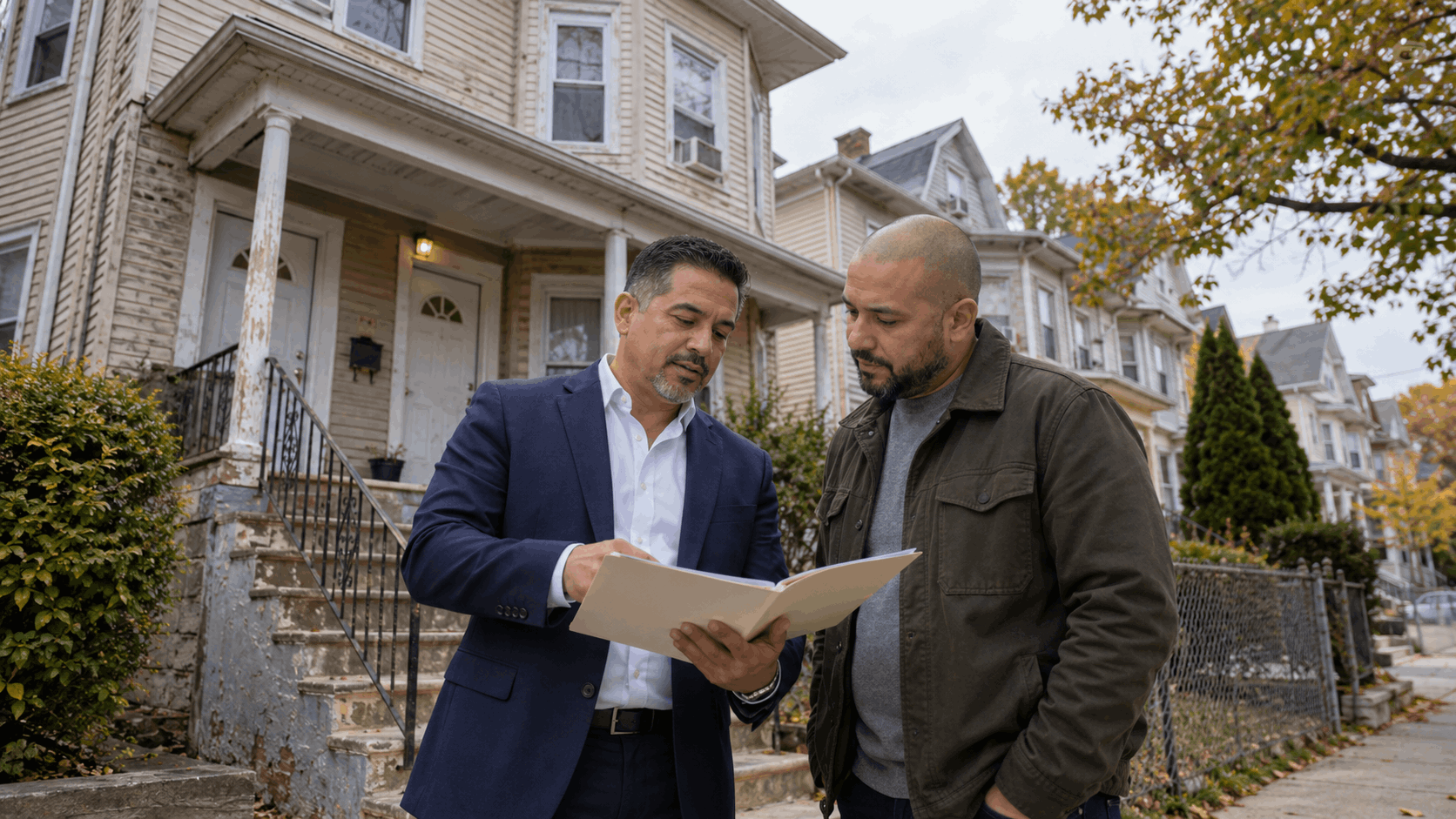 North Jersey Realtor reviewing short sale options with an heir outside an inherited two-family home needing repairs in Paterson, NJ.