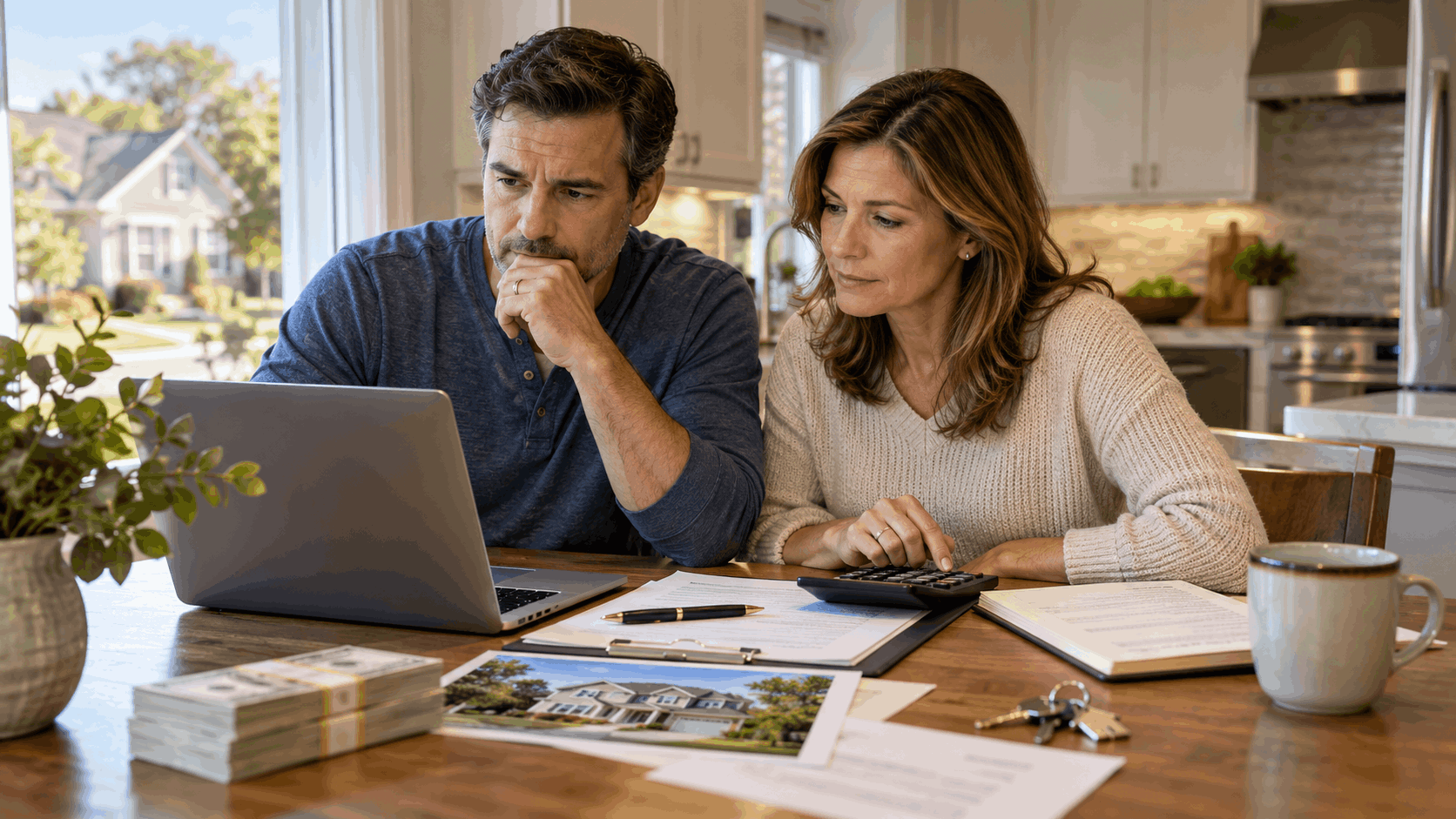 North Jersey home sellers reviewing estimated closing proceeds, financial documents, calculator, and house keys before selling a New Jersey home.