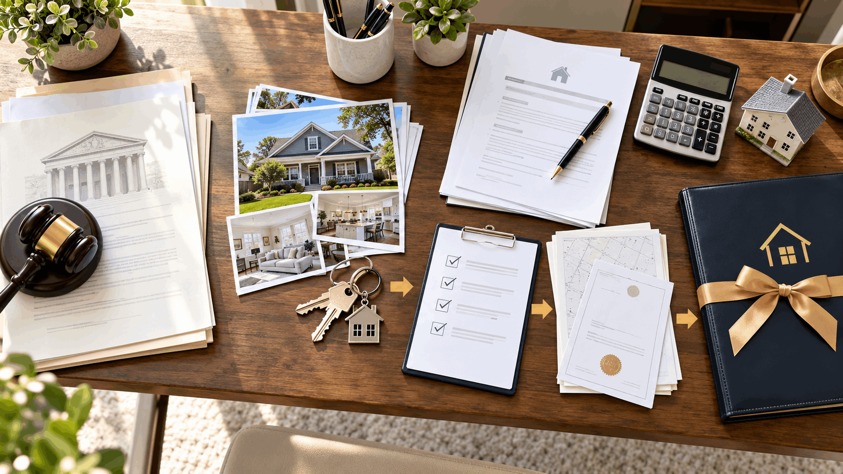 Step-by-step New Jersey probate home sale process with estate documents, house keys, property photos, calculator, checklist, title paperwork, and closing folder.