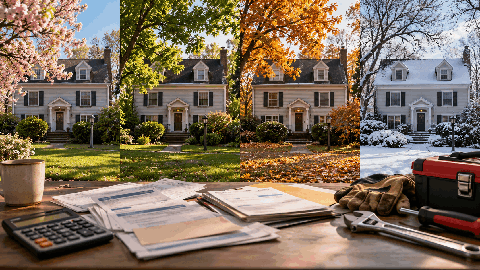 Vacant inherited North Jersey home shown across changing seasons with utility bills, property tax paperwork, insurance documents, and maintenance tools representing ongoing carrying costs during probate.
