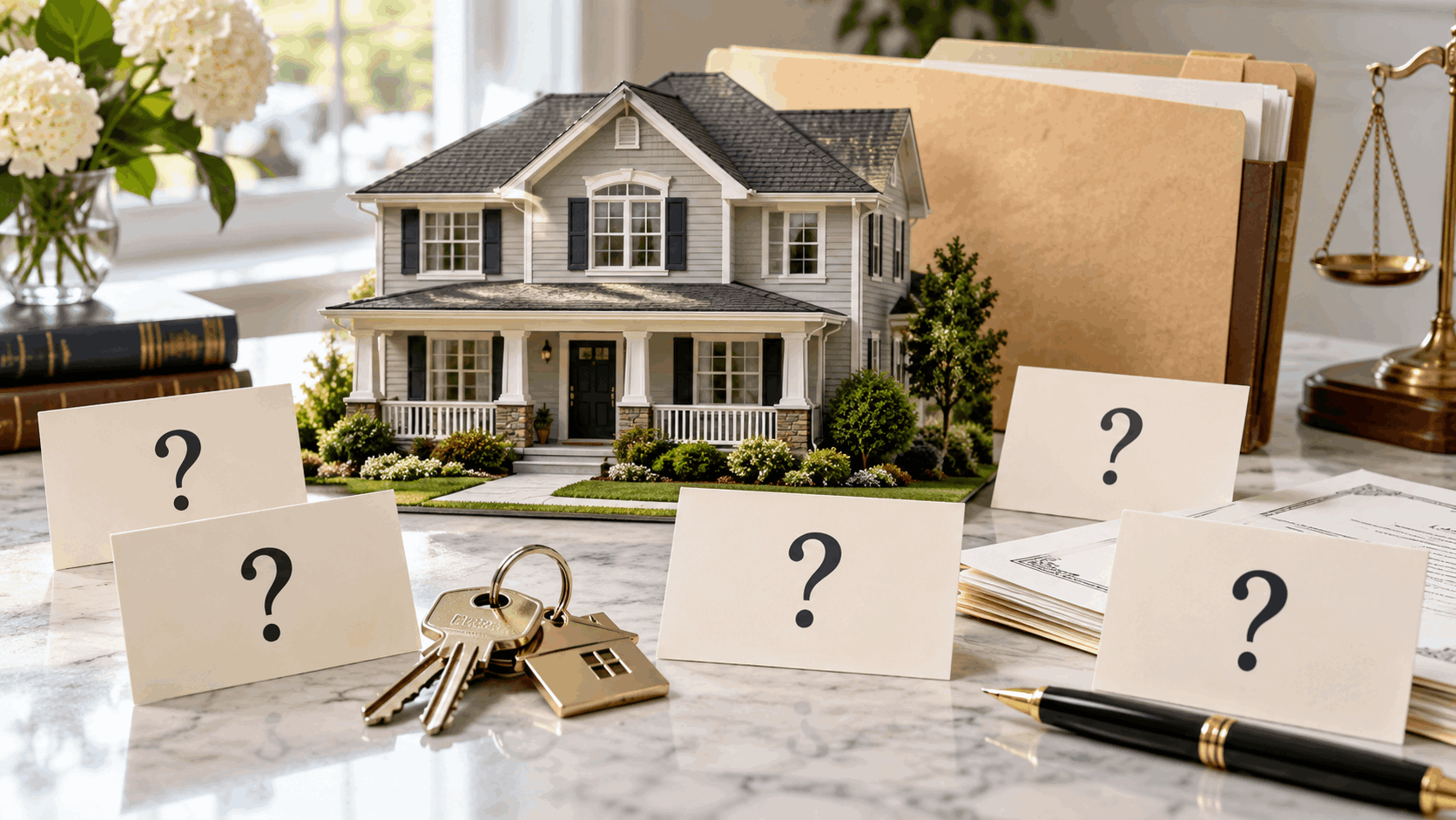 New Jersey probate real estate FAQ concept with inherited home, house keys, estate folder, legal documents, and question cards.