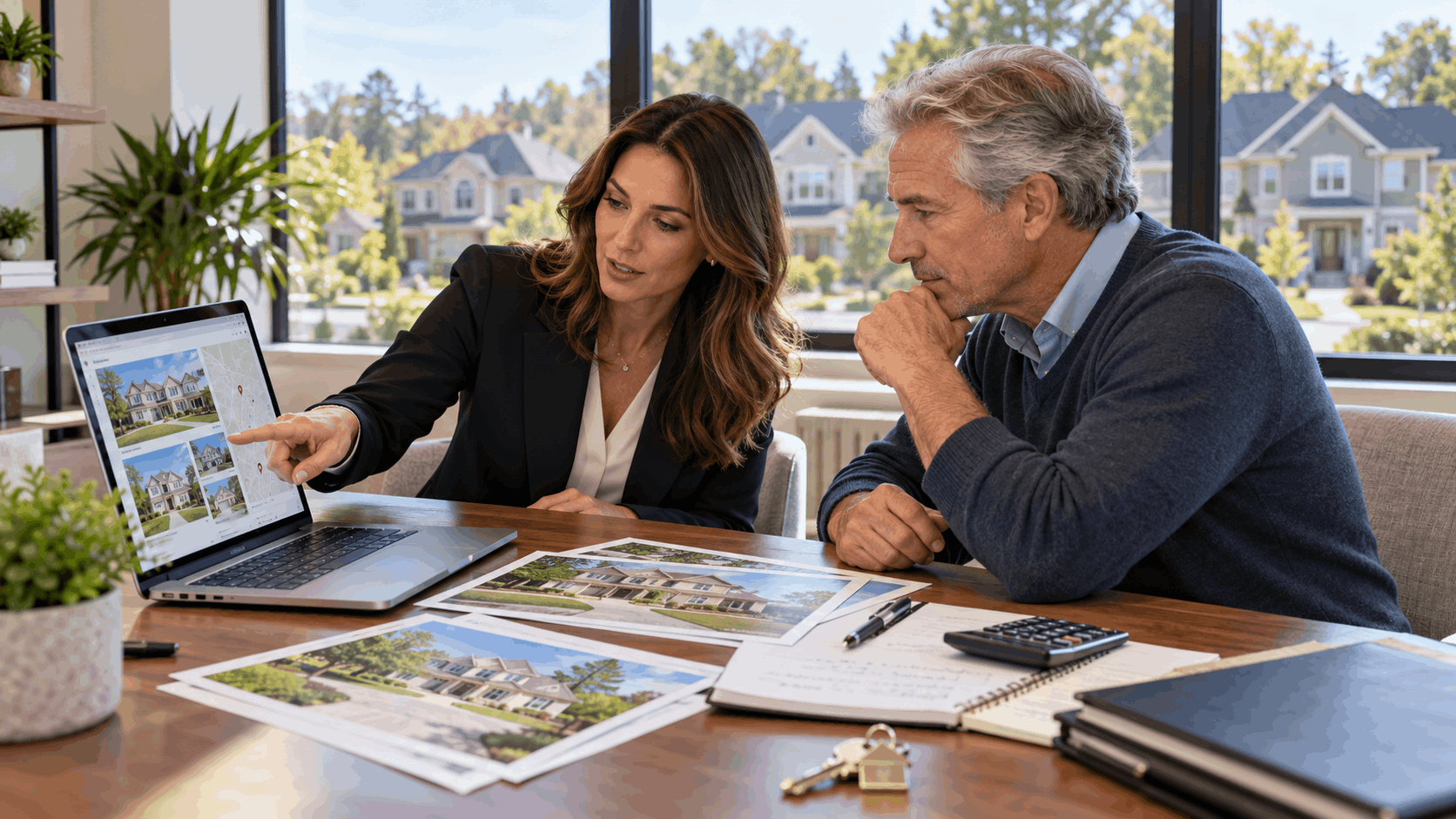 Real estate professional and executor reviewing comparable North Jersey home sales, property photos, pricing notes, calculator, and house keys during a probate property valuation.