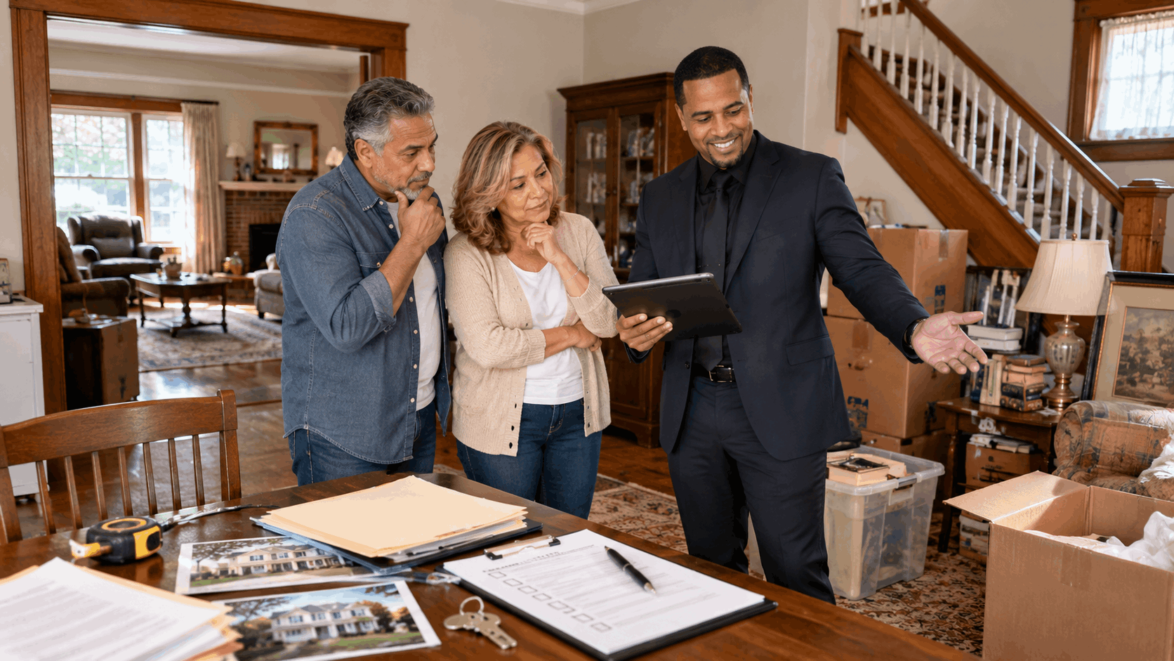 Family and real estate professional preparing an inherited North Jersey home for sale with moving boxes, property paperwork, maintenance checklist, and older furniture.