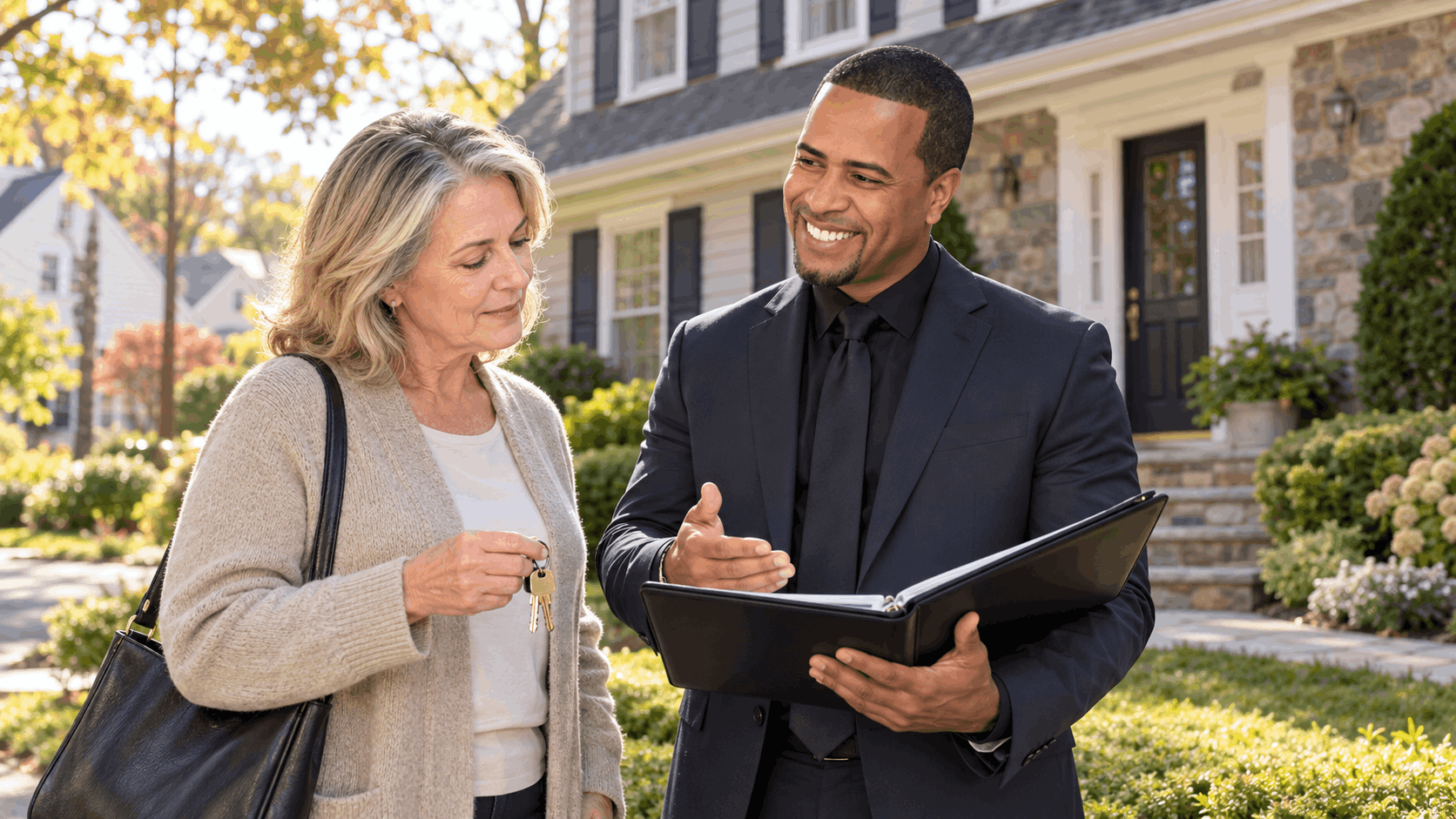 Executor holding house keys reviews next steps with a real estate professional outside an inherited North Jersey home in a suburban neighborhood.