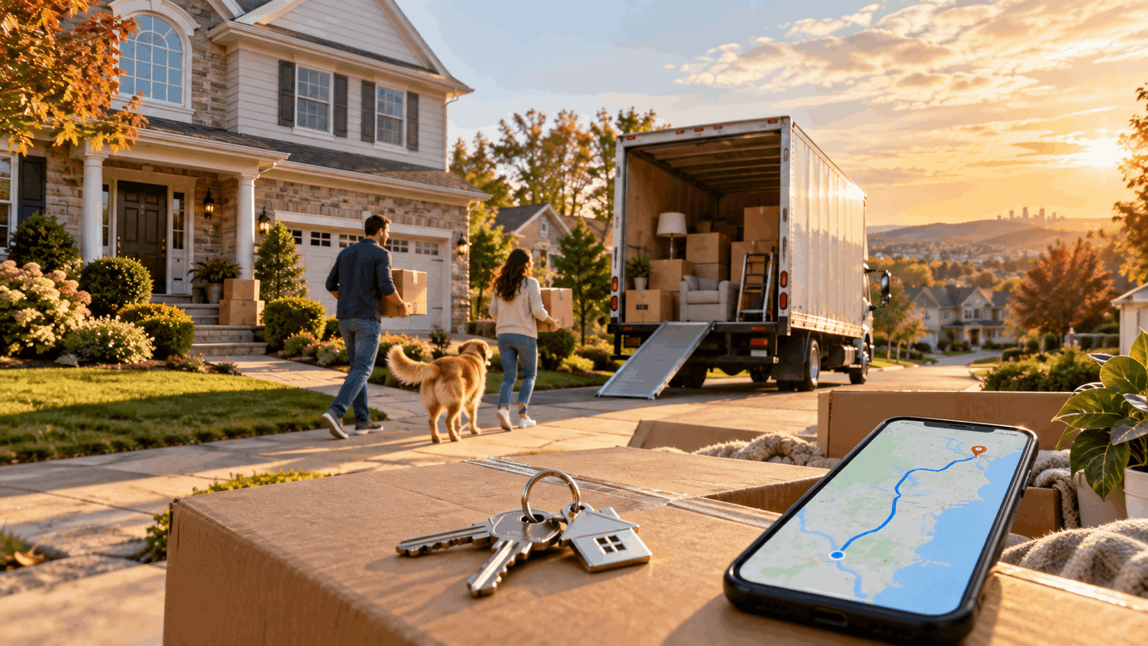 North Jersey homeowners moving from a sold suburban home with a packed moving truck, house keys, and a New Jersey relocation route.