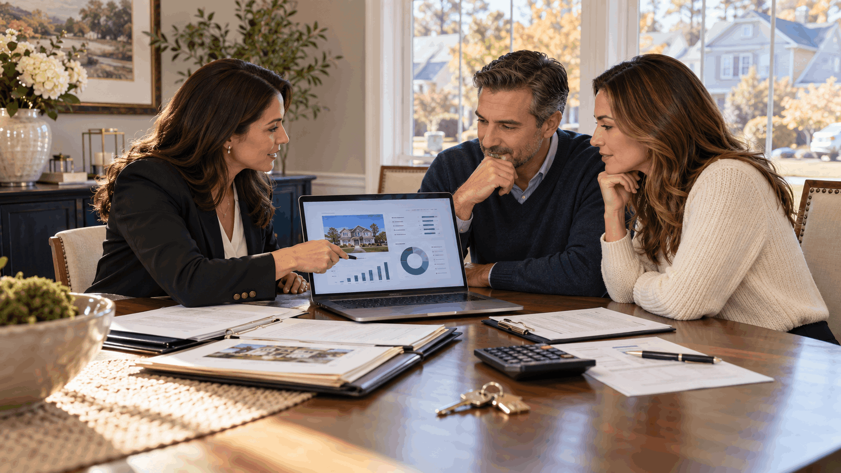 Clifton NJ homeowners reviewing estimated seller net proceeds, closing costs, mortgage paperwork, and home value with a North Jersey Realtor.