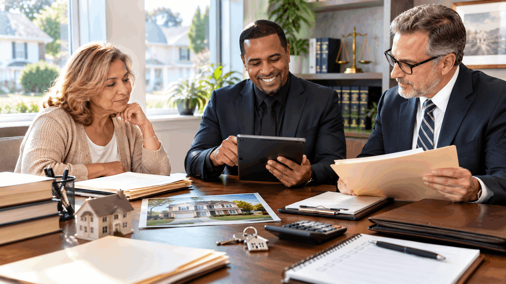 Executor, estate attorney, and real estate professional reviewing probate property documents, house keys, and a home photo during a North Jersey estate sale meeting.