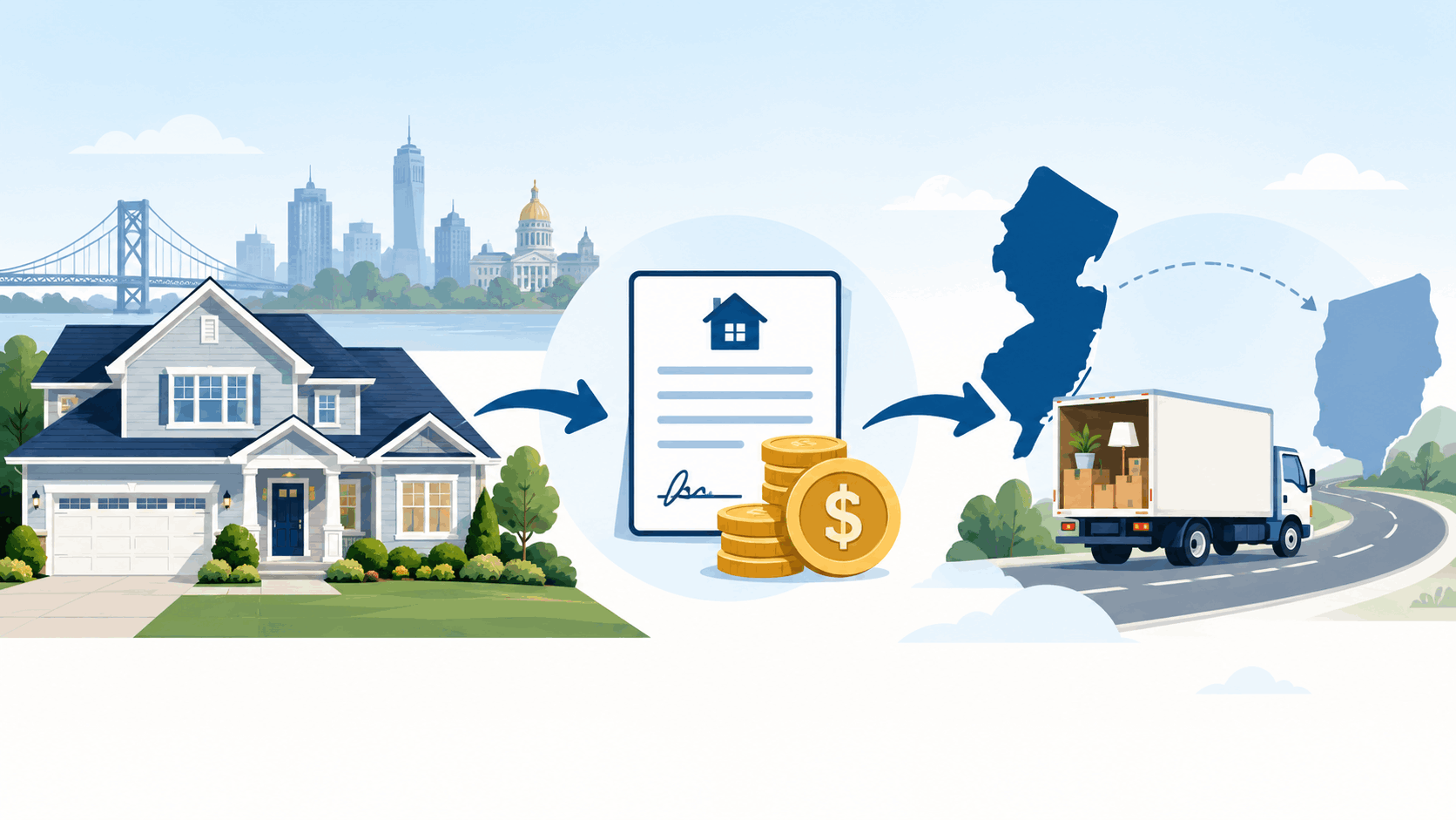 New Jersey home sale showing closing documents, tax payment, and moving truck relocating out of state.