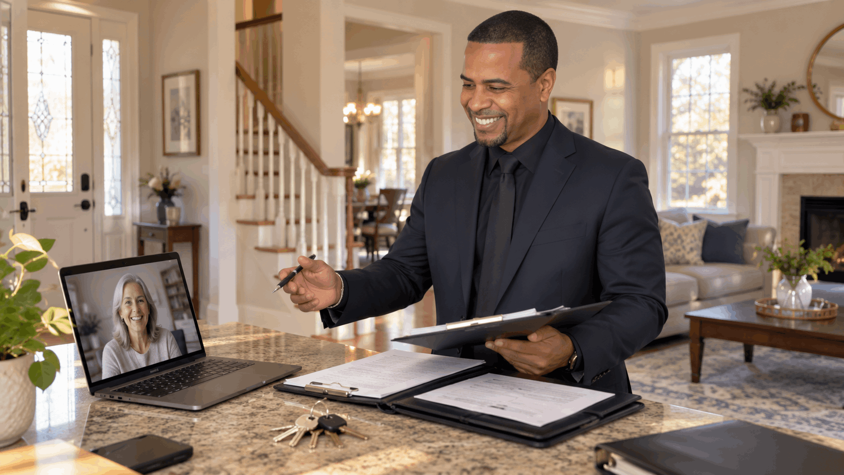 Out-of-state probate seller on a video call with a North Jersey real estate professional coordinating property access, documents, and house keys inside an inherited home.