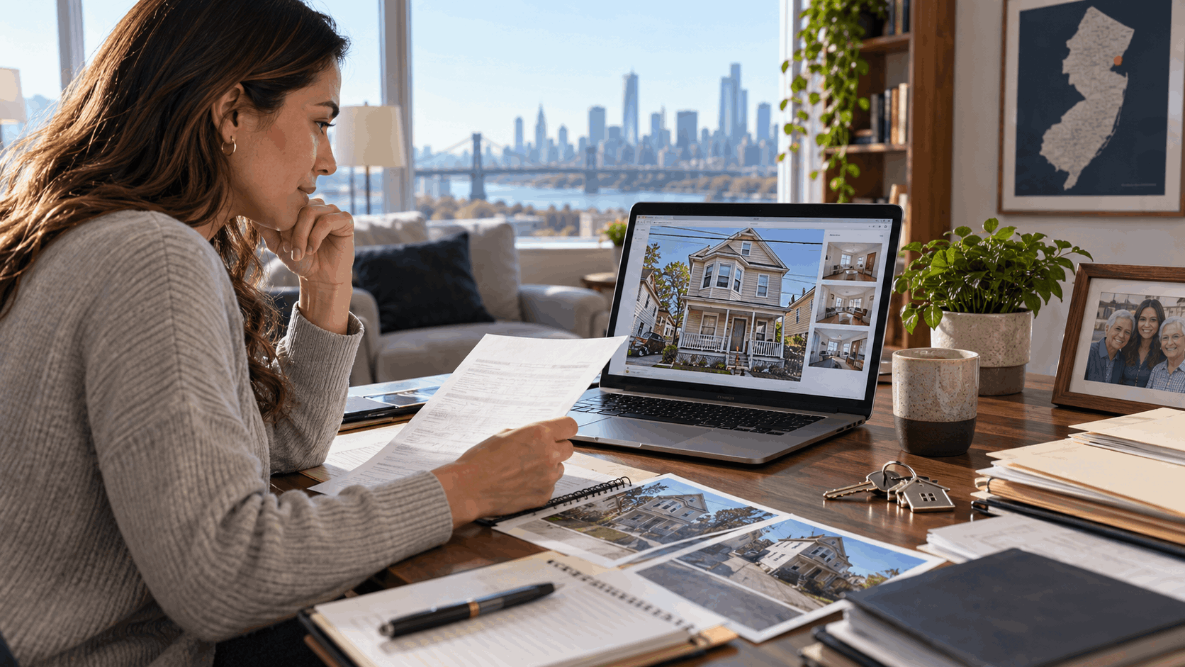 Out-of-state heir reviewing estate documents and photos of an inherited North Jersey property while managing the home remotely.