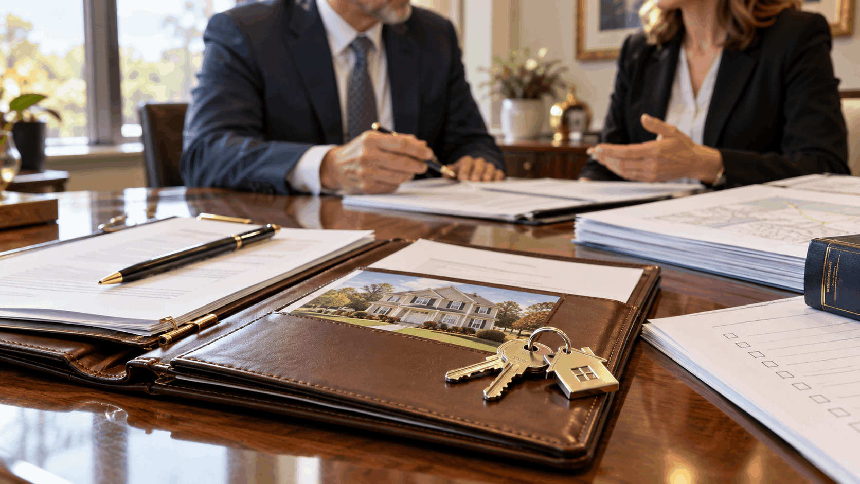New Jersey estate closing folder with house keys, title paperwork, tax documents, and approval checklist during a probate property sale review.