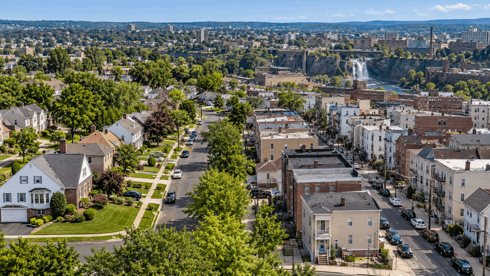 North Jersey neighborhood comparison showing suburban Clifton homes and denser Paterson residential properties representing different probate real estate markets.