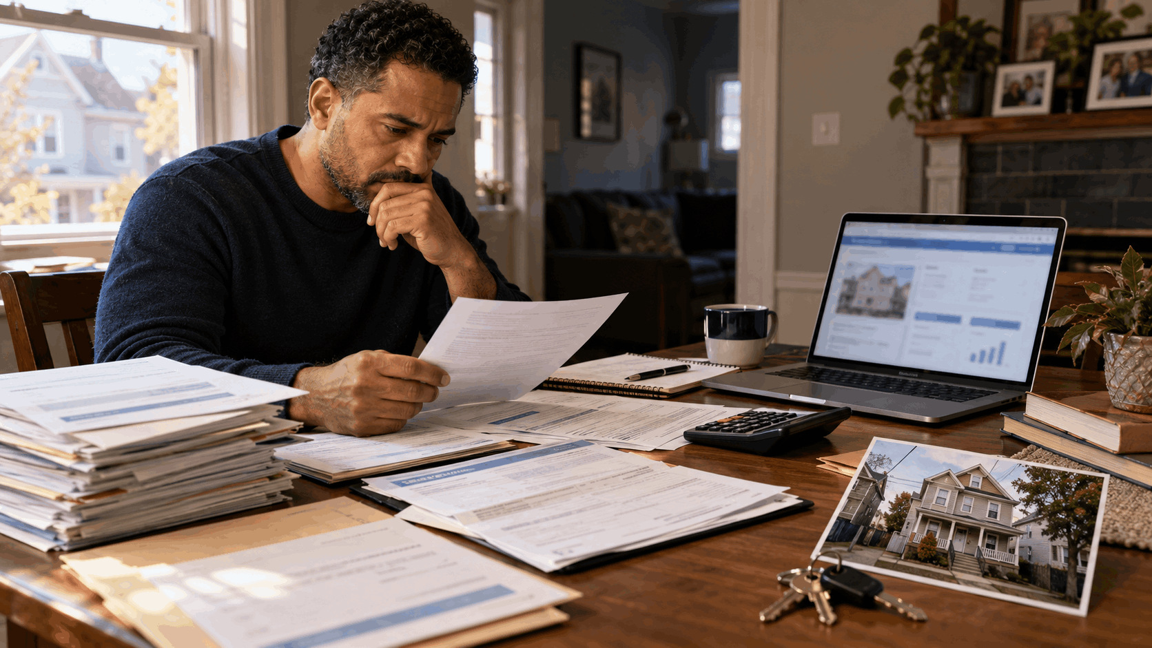 New Jersey homeowner reviewing mortgage statements, property taxes, insurance bills, and liens on an inherited two-family house in Paterson, NJ.