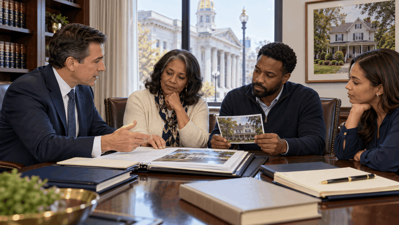 New Jersey probate attorney meeting with three family members in a conference room to explain heirs property rights, appraisal options, and buyout solutions for an inherited North Jersey home.