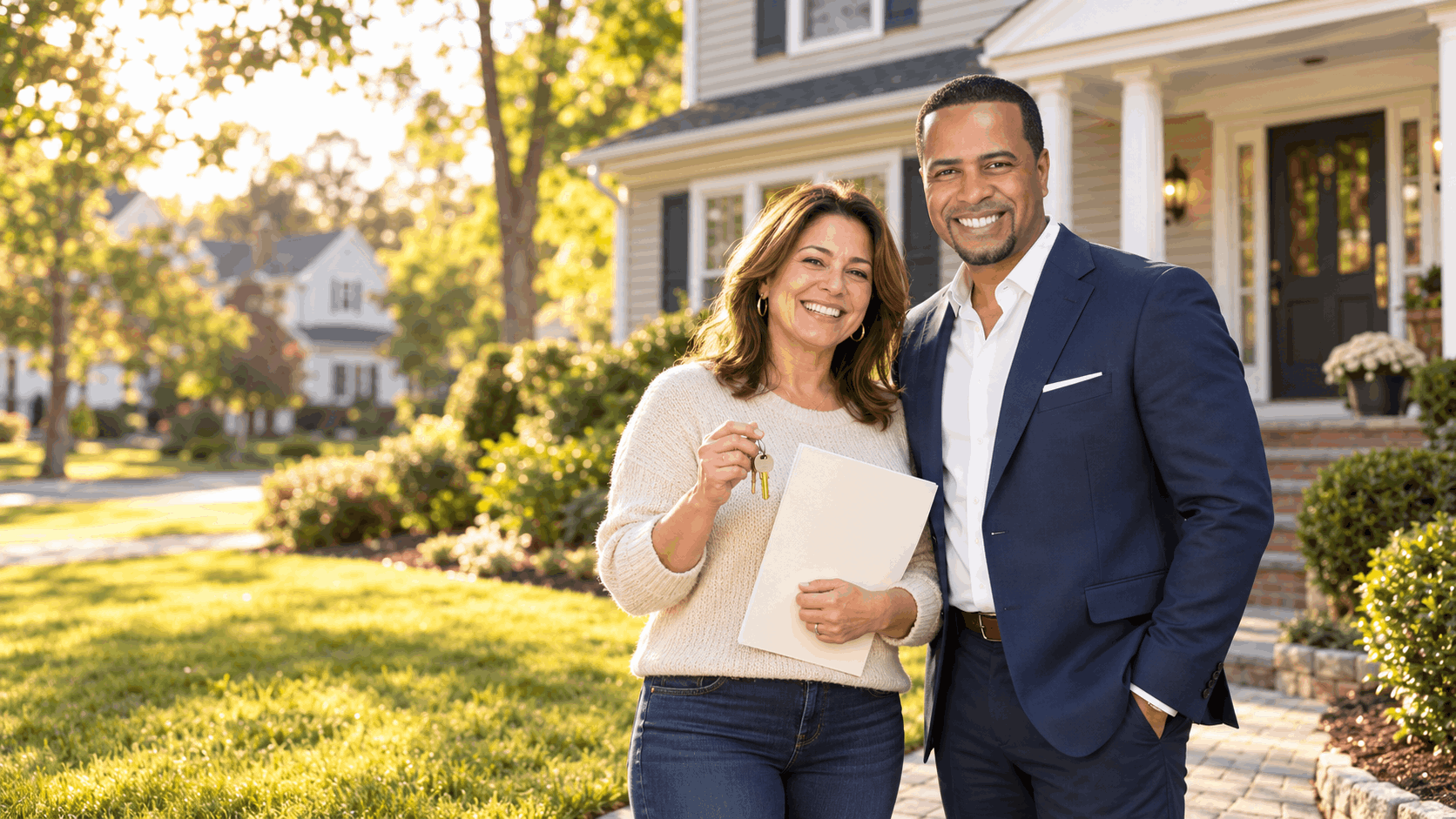 Johnny Rodriguez, North Jersey probate Realtor, standing with a happy homeowner holding house keys and closing documents outside a colonial-style home in Clifton, NJ, after an inherited property sale.