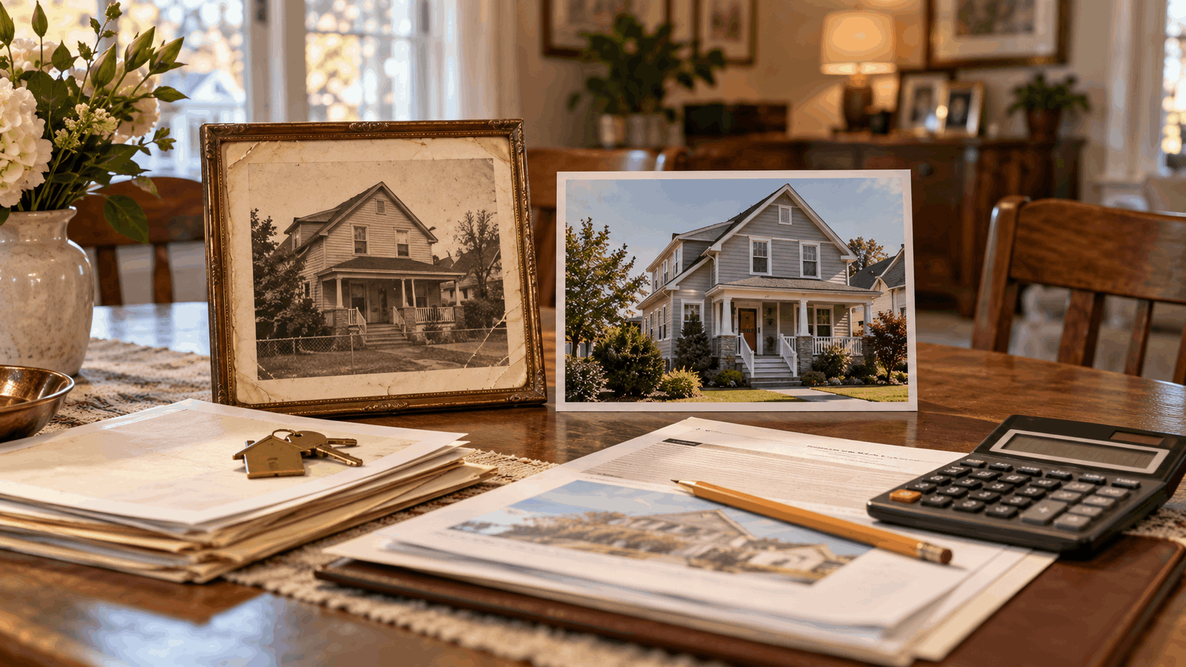Old and updated photographs of an inherited Paterson, NJ home displayed with property valuation documents, calculator, and house keys, illustrating stepped-up tax basis and capital gains.