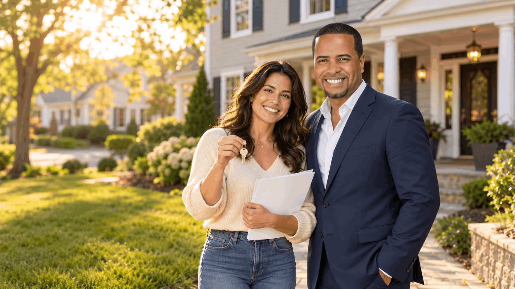 Johnny Rodriguez, North Jersey Realtor, standing with a smiling homeowner holding house keys and closing documents outside a colonial home in Clifton, NJ, after an inherited property sale.