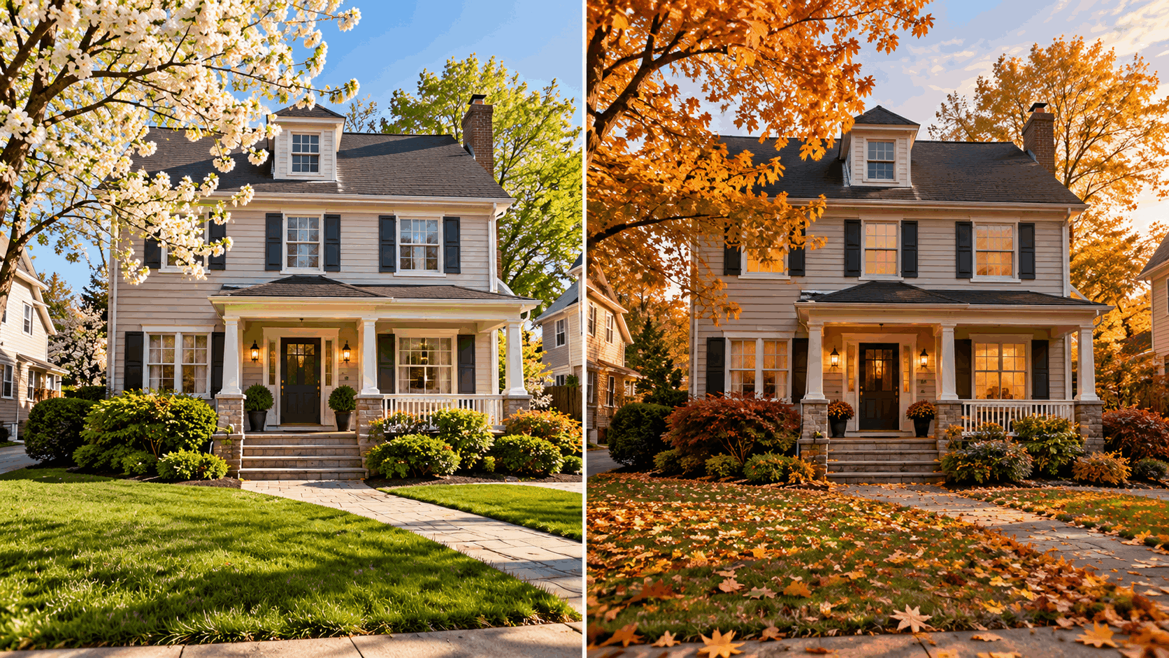 Side-by-side view of an inherited colonial home in Clifton, NJ, during spring and autumn, illustrating the choice to sell now or hold for future appreciation.
