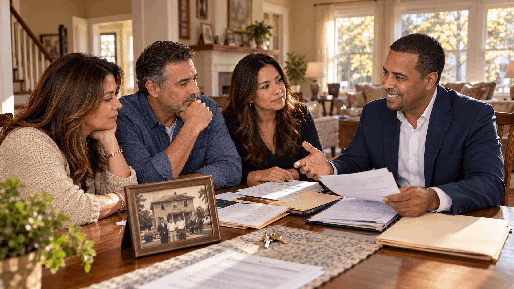 Johnny Rodriguez, North Jersey Realtor, discussing inherited property documents with three siblings in a family home, providing guidance on estate sales and capital gains taxes in NJ.
