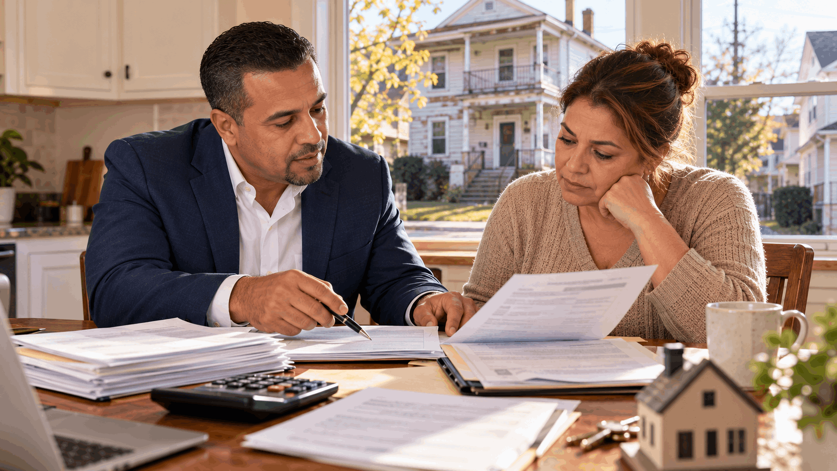 North Jersey Realtor Johnny Rodriguez reviewing inherited property mortgage statements and sale documents with a homeowner in Paterson, NJ, discussing mortgage debt and selling options.
