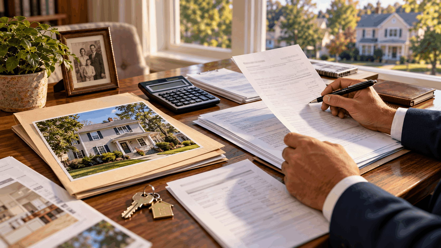 Hands reviewing inherited property documents, capital gains tax calculations, and a photo of a Clifton, NJ home, with calculator and house keys on a desk.