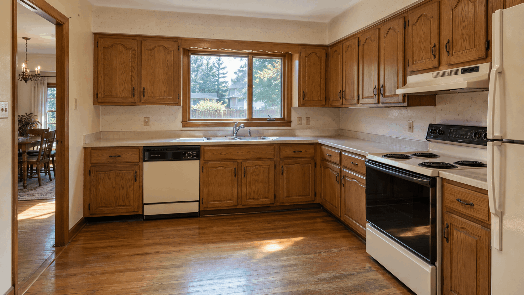 Dated 1980s kitchen in an inherited New Jersey home being sold as-is, featuring oak cabinets, laminate countertops, older appliances, and worn hardwood floors.