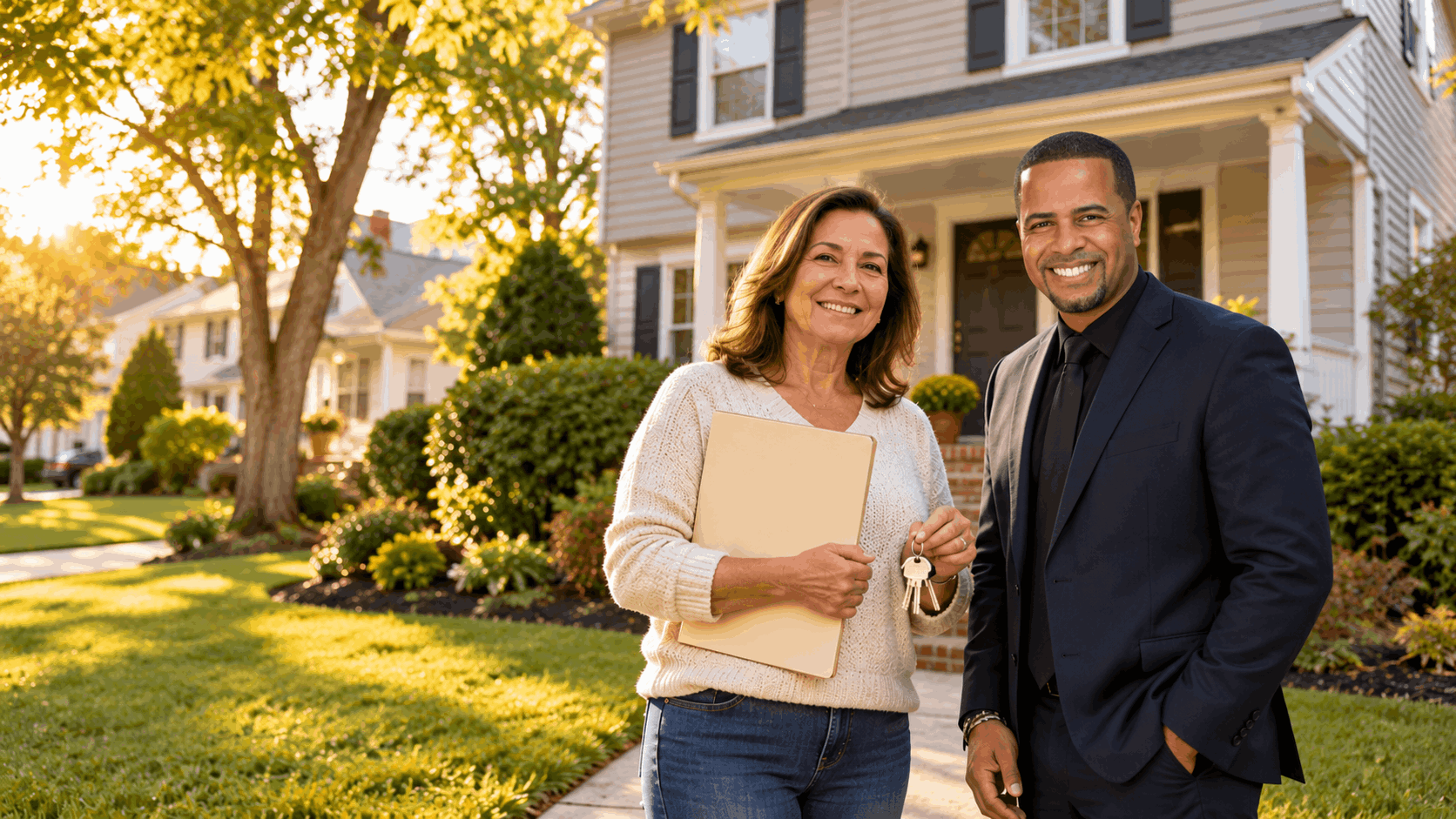 Johnny Rodriguez, North Jersey Realtor, standing with a smiling homeowner holding house keys and closing documents in front of a colonial-style home in Clifton, NJ, after an inherited property sale.