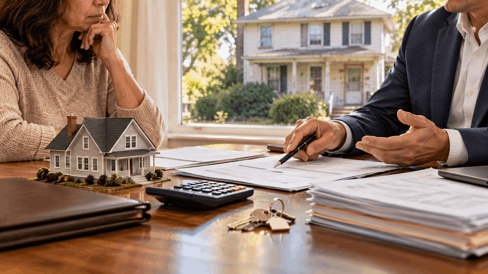 Homeowner reviewing inherited property financial obligations, mortgage documents, property taxes, and potential liens with a real estate professional before selling an inherited house as-is in New Jersey.