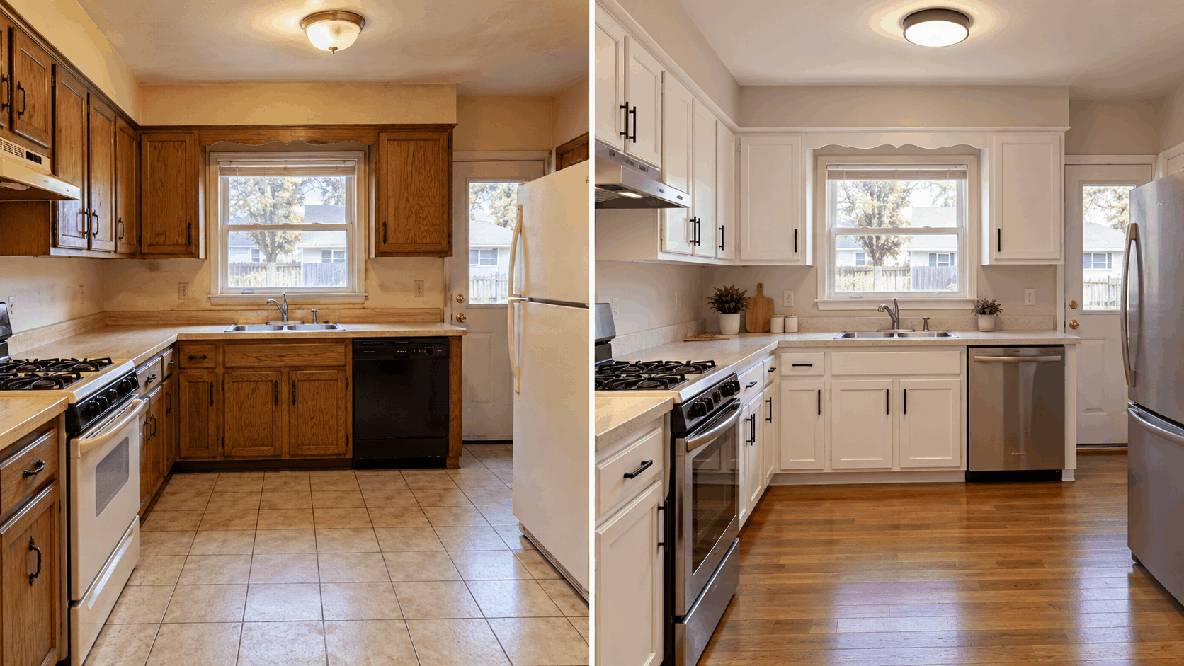 Before-and-after kitchen renovation comparison in an inherited New Jersey home, showing dated oak cabinets and tile floors transformed with white cabinets, updated appliances, and hardwood flooring.