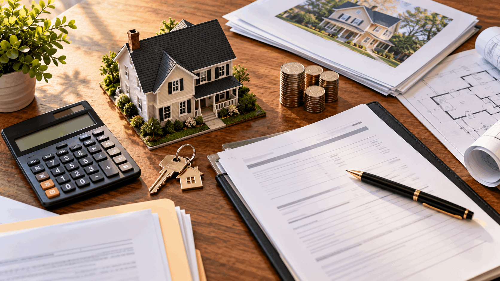 Overhead view of inherited house selling costs in New Jersey, featuring a model home, calculator, house keys, financial documents, and coins representing closing expenses and estimated net proceeds.