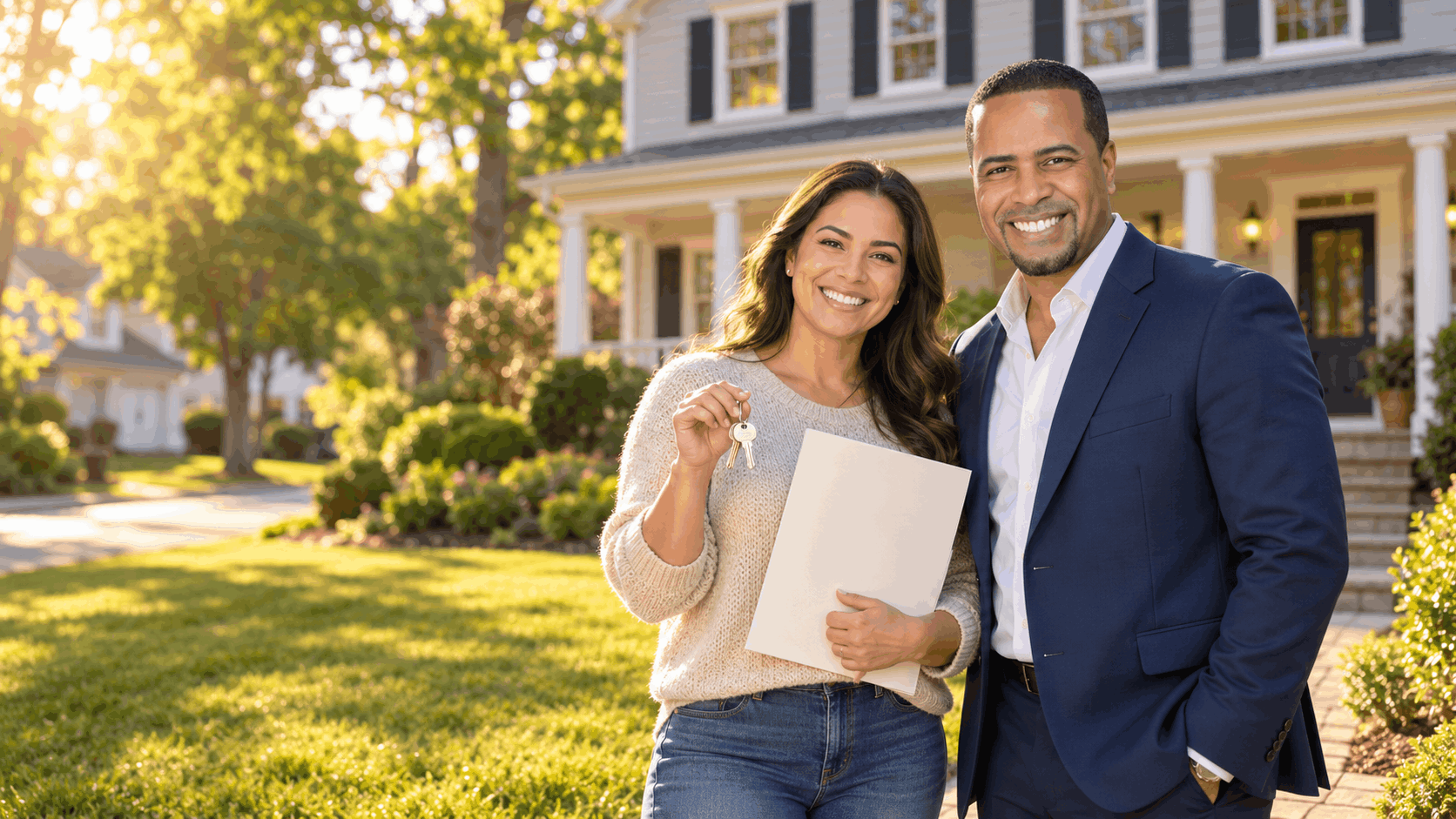 Johnny Rodriguez, North Jersey Realtor, standing with a happy homeowner holding house keys and a closing folder in front of a colonial-style home in Clifton, NJ, after a successful inherited property sale.