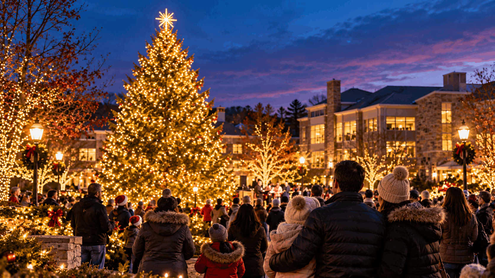 Holiday tree-lighting celebration in Newton, NJ, featuring a glowing Christmas tree, festive lights, and families gathering under a November twilight sky in Sussex County.