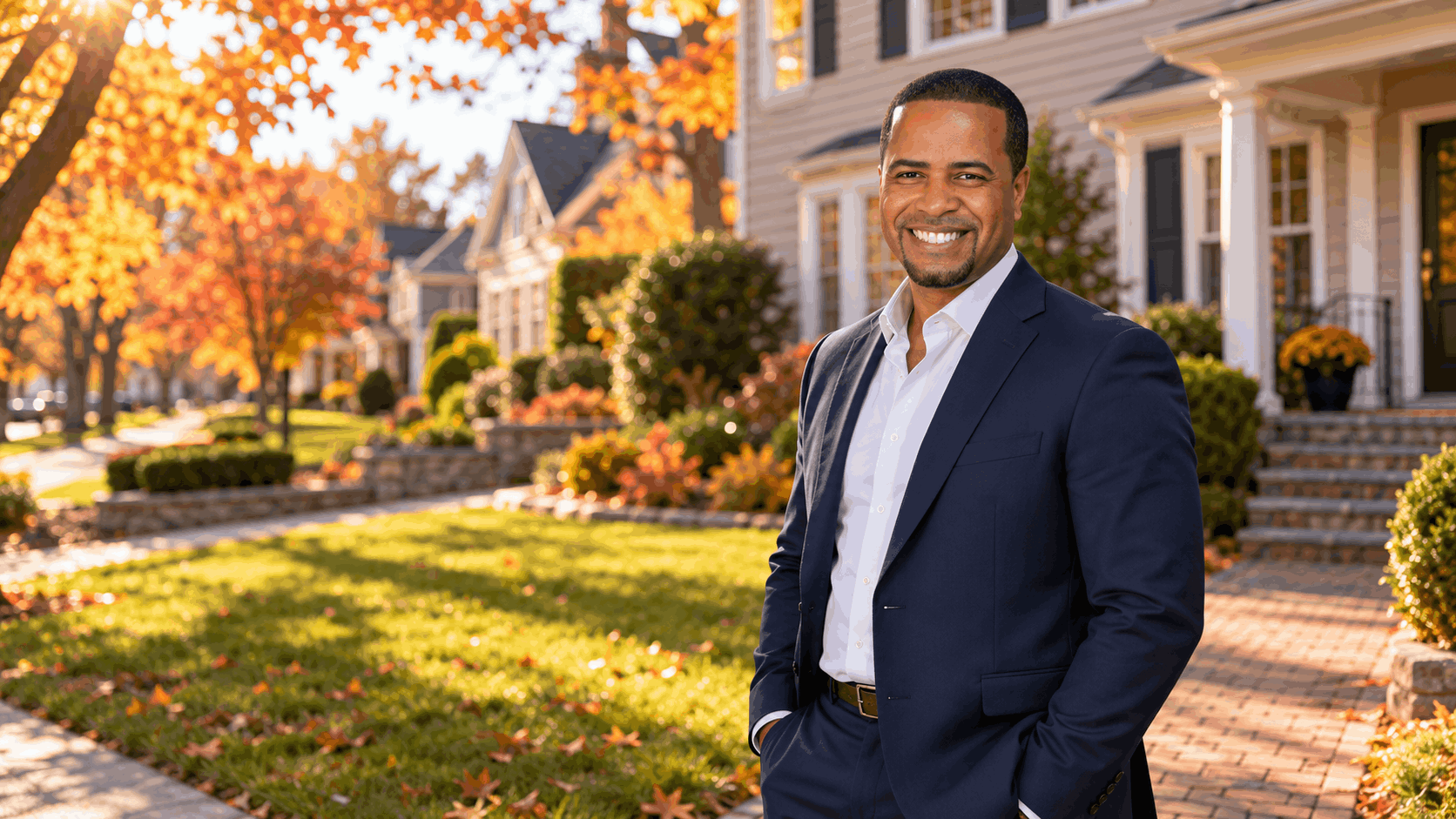 Johnny Rodriguez, North Jersey real estate agent, standing outside a beautiful colonial-style home in Clifton, NJ, surrounded by colorful autumn foliage.