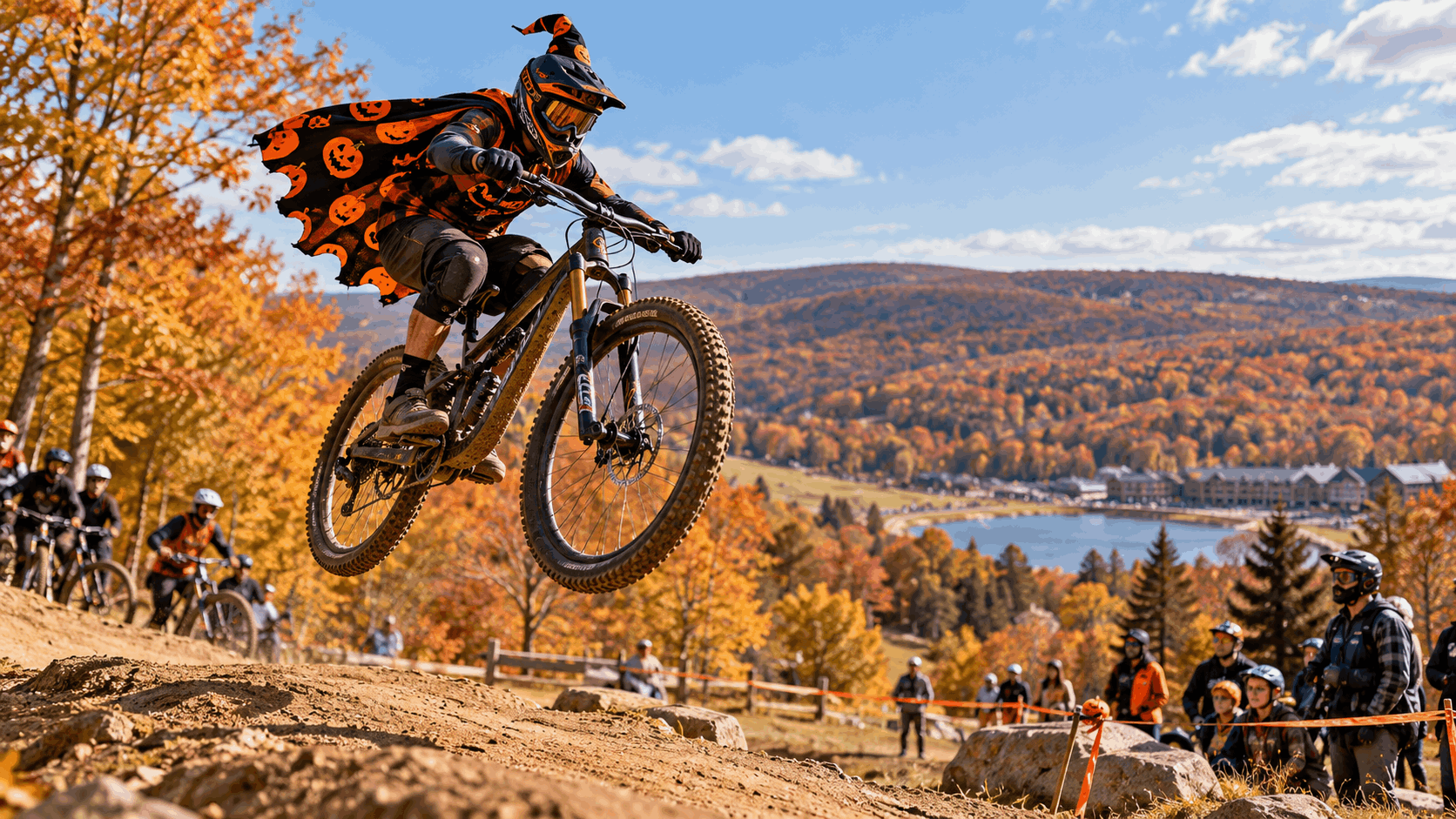 Mountain biker in Halloween-inspired gear performing a dirt jump at an autumn resort in Vernon, NJ, with colorful Sussex County fall foliage and spectators watching.