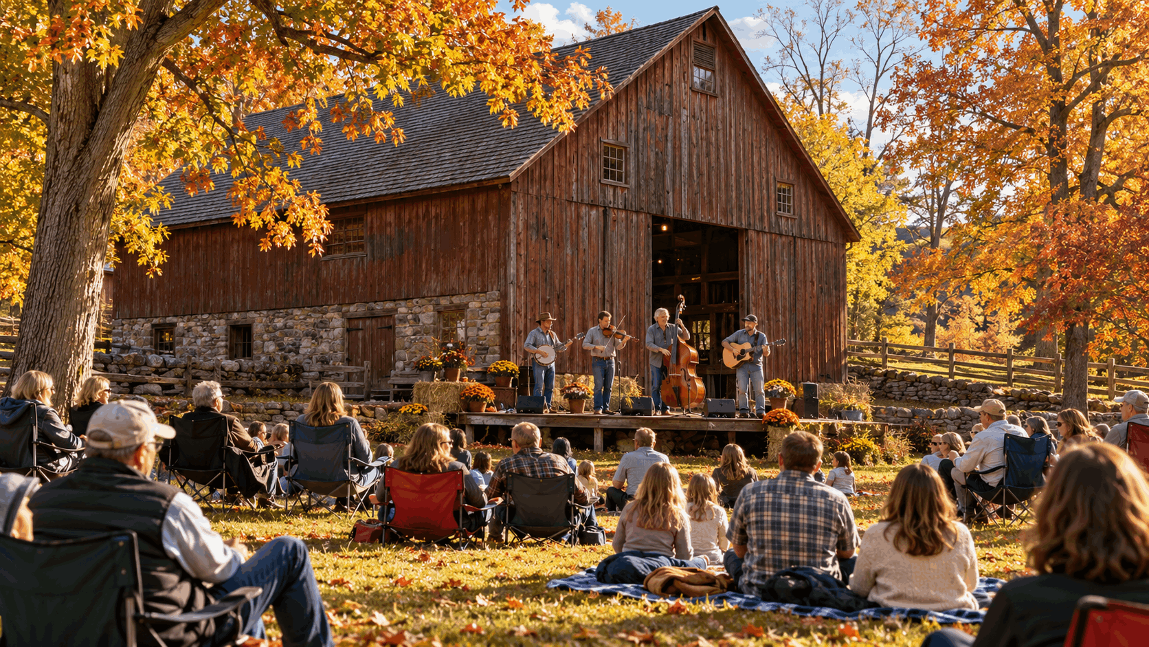 Outdoor bluegrass concert inspired by the historic Wortendyke Barn Museum in Park Ridge, NJ, featuring live acoustic music, families enjoying the show, and colorful autumn foliage in Bergen County.