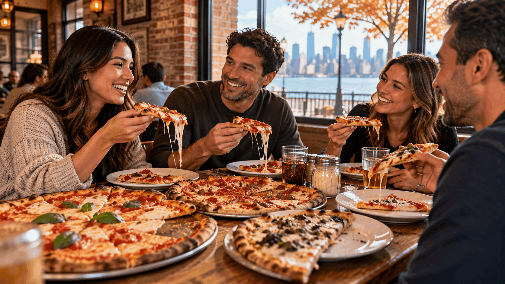 Friends enjoying New Jersey-style thin-crust pizza at a cozy Hoboken pizzeria, featuring fresh mozzarella, basil, and views of the NYC skyline.