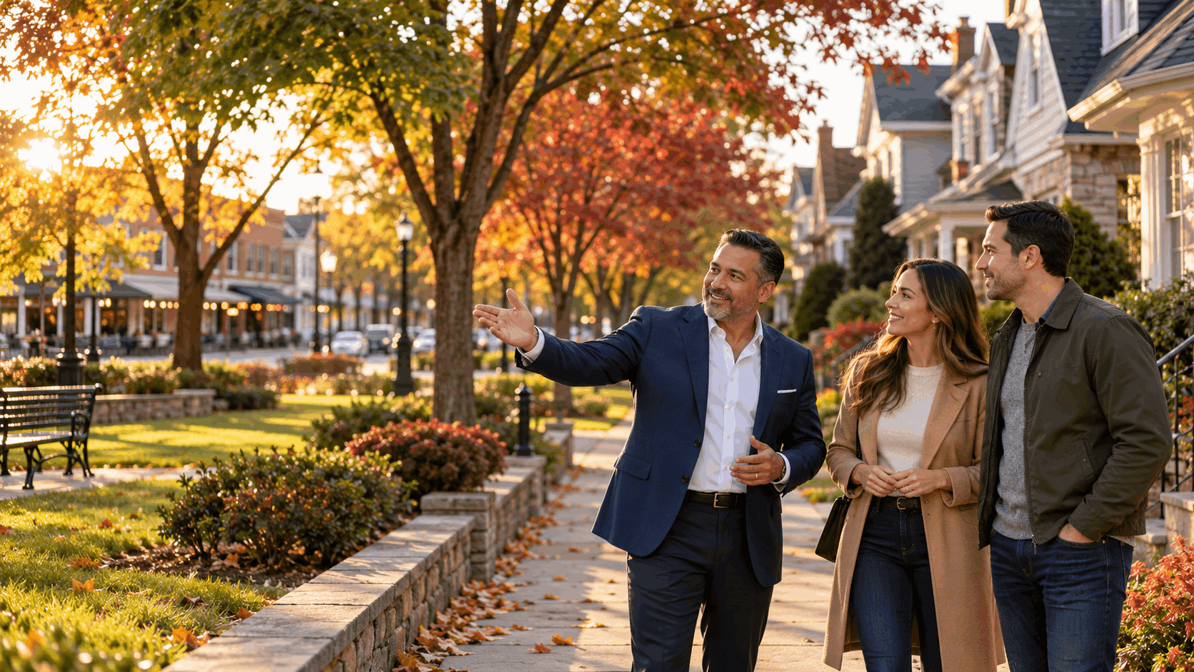Johnny Rodriguez, North Jersey real estate agent, guiding prospective homebuyers through a Clifton, NJ neighborhood featuring charming homes, a local park, and colorful autumn foliage.