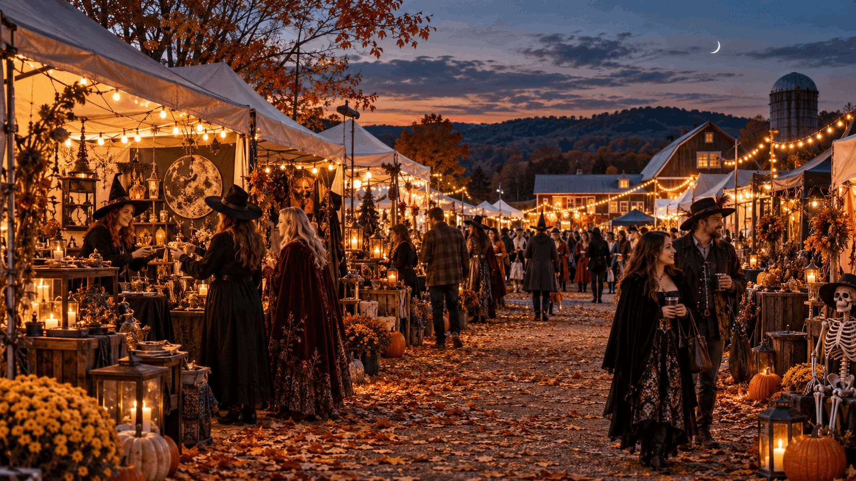 Halloween artisan night market in Sussex County, North Jersey, featuring glowing lanterns, handmade crafts, costumed visitors, pumpkins, and festive autumn decorations.