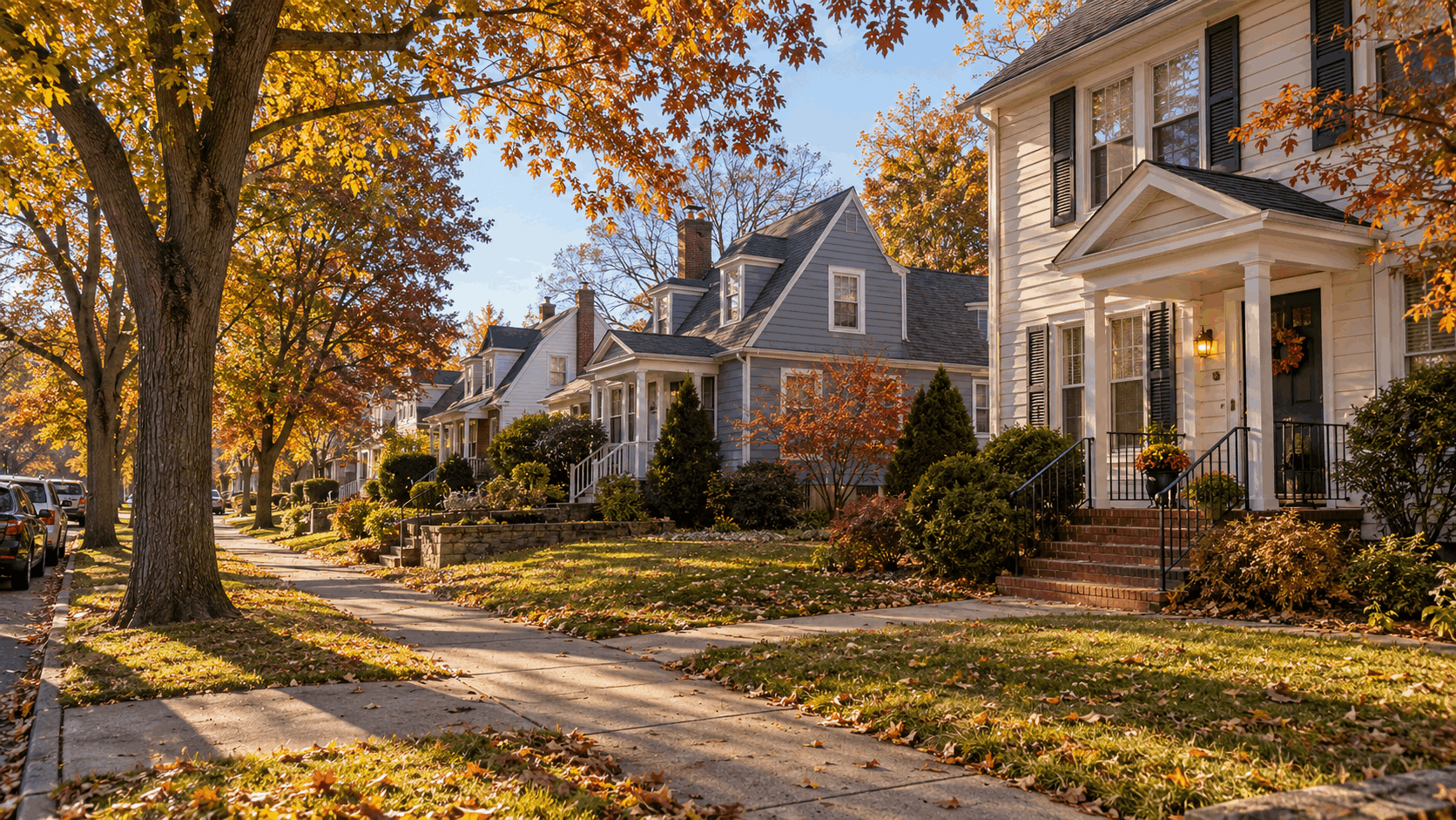 Tree-lined residential street inspired by Paterson NJ’s Hillcrest neighborhood, featuring traditional Colonial and Cape Cod homes, mature trees, welcoming front porches, and colorful autumn foliage.
