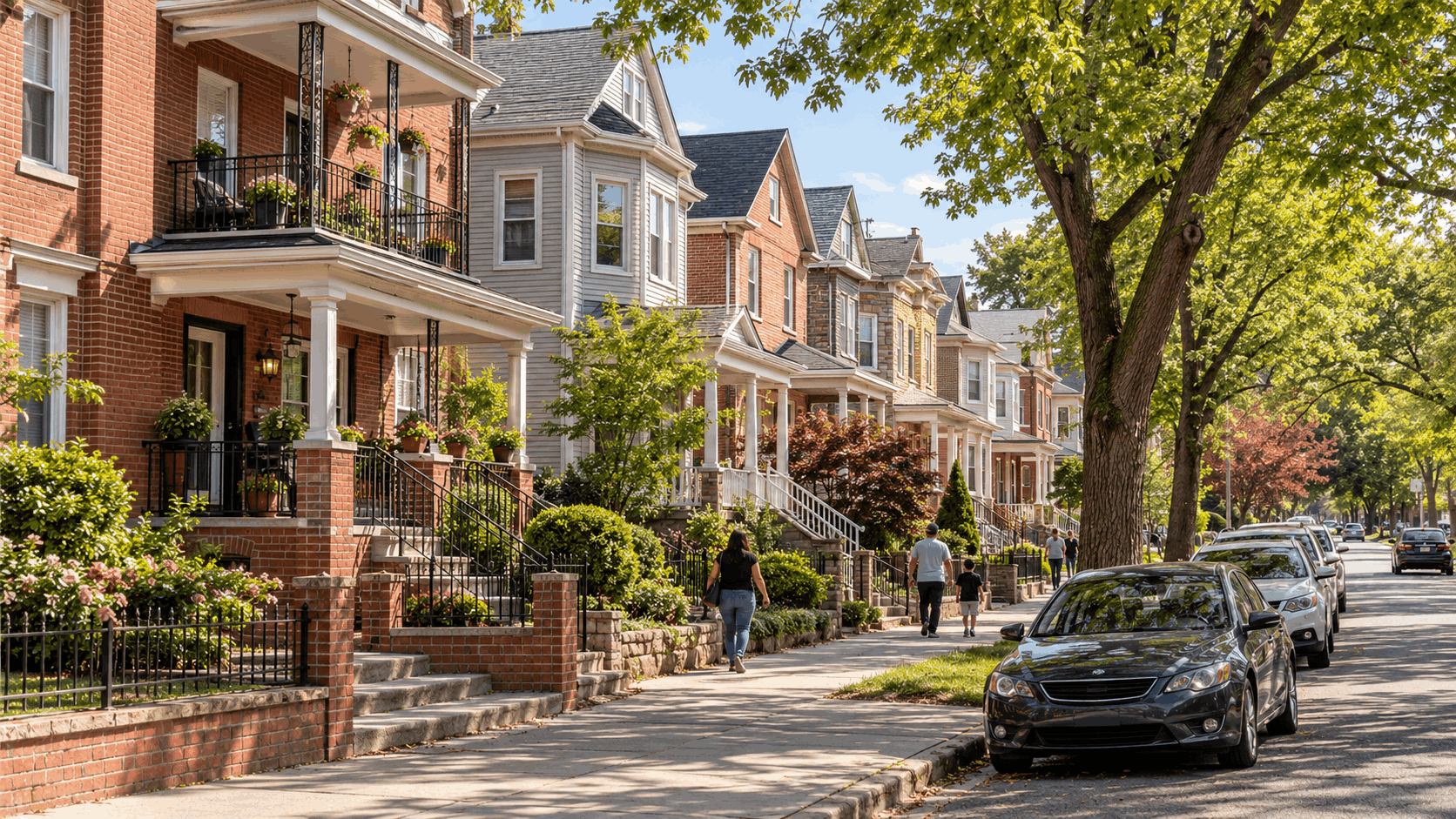 Tree-lined residential street in Paterson, NJ, featuring traditional brick and vinyl-sided two-family and three-family homes, welcoming front porches, and established neighborhoods for homebuyers and real estate investors in 2026.