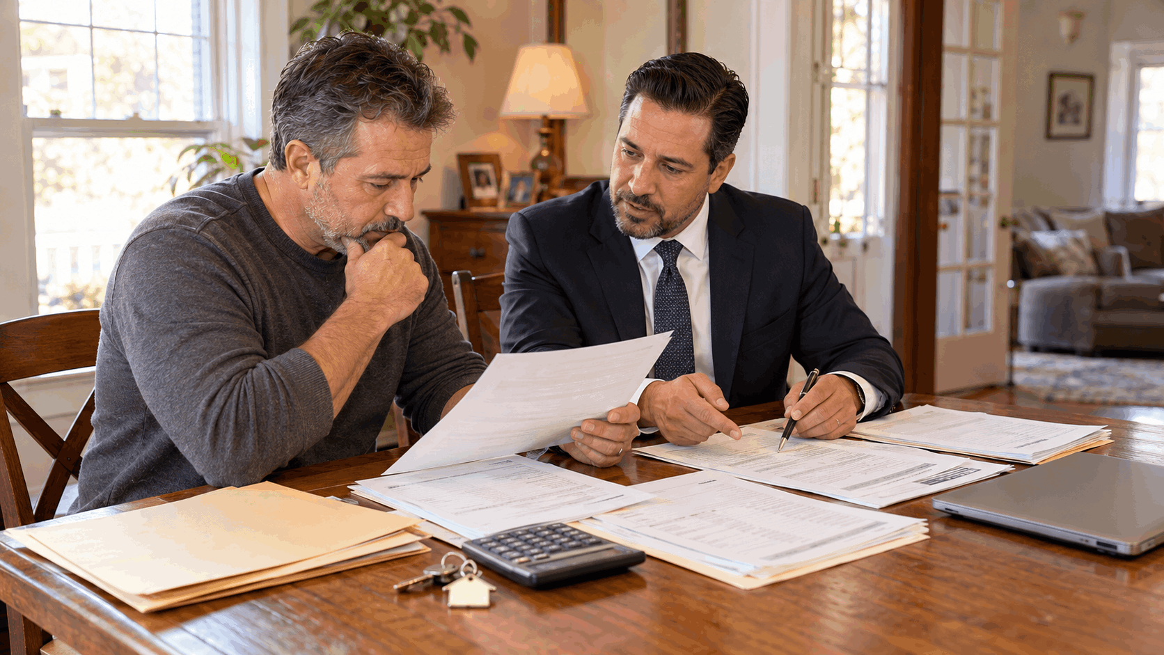 Estate representative reviewing mortgage payoff statements, property liens, and financial documents with a real estate attorney before selling an inherited house in New Jersey.