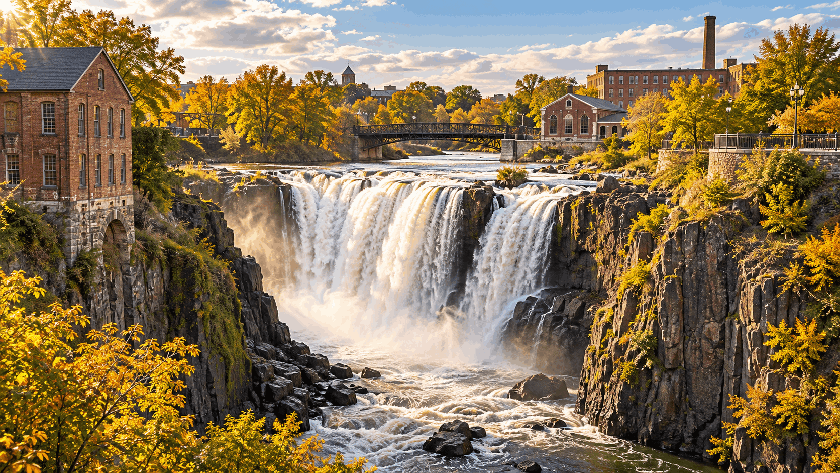 Paterson Great Falls National Historical Park in Paterson, NJ, featuring a powerful waterfall, historic brick mill buildings, rocky cliffs, and vibrant autumn foliage along the Passaic River.