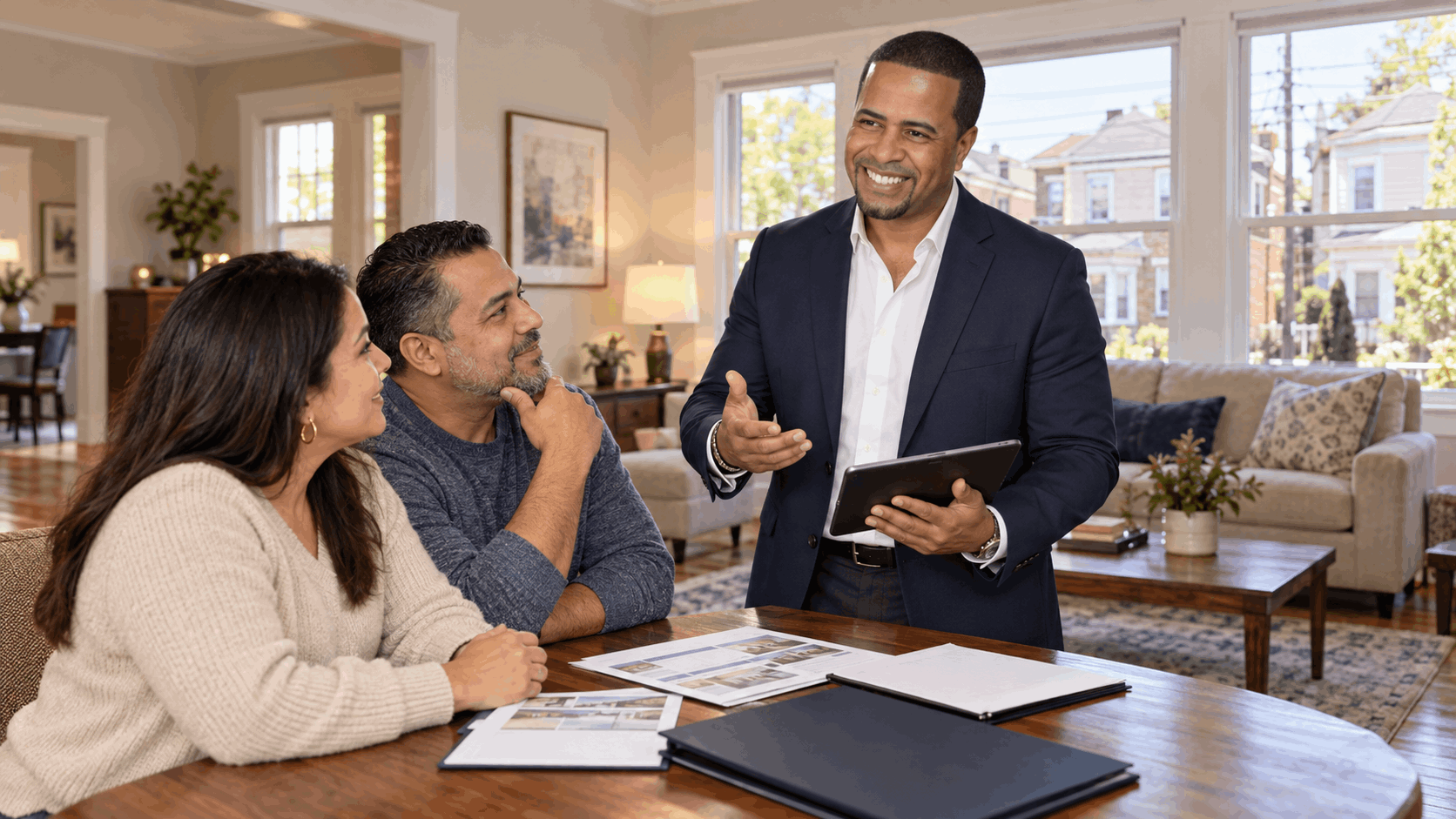 Johnny Rodriguez, Paterson NJ Realtor, discussing home pricing, property valuation, and listing strategies with homeowners inside a renovated North Jersey two-family home.