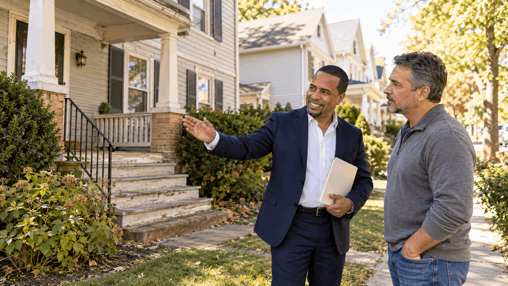 Johnny Rodriguez, North Jersey Realtor, discussing property conditions and preparing to sell an inherited colonial home as-is with a homeowner during a pre-listing walkthrough in Clifton, NJ.