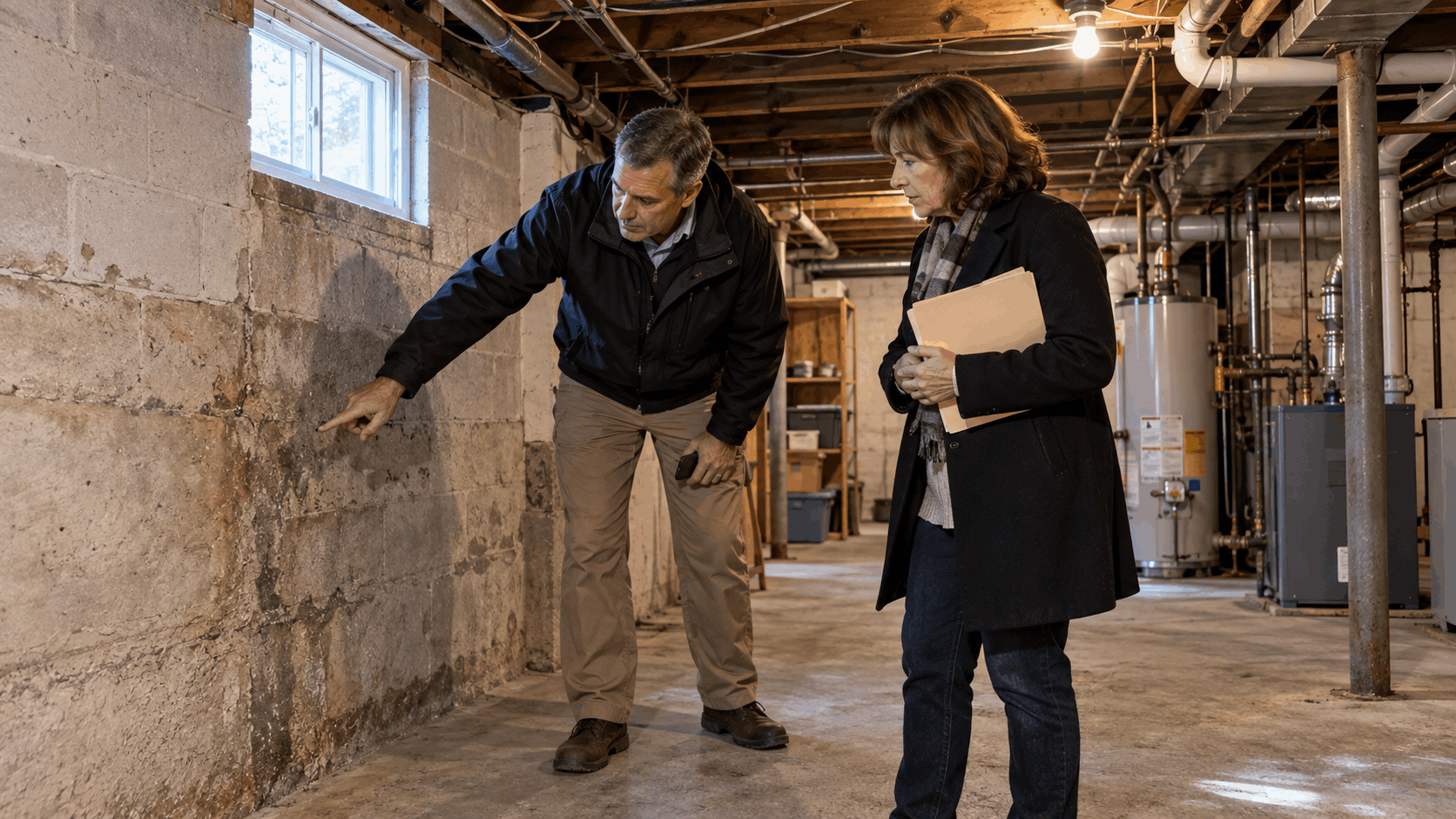 Professional home inspector examining moisture stains on a basement foundation wall while an estate executor reviews property conditions before selling an inherited house as-is in Clifton, NJ.
