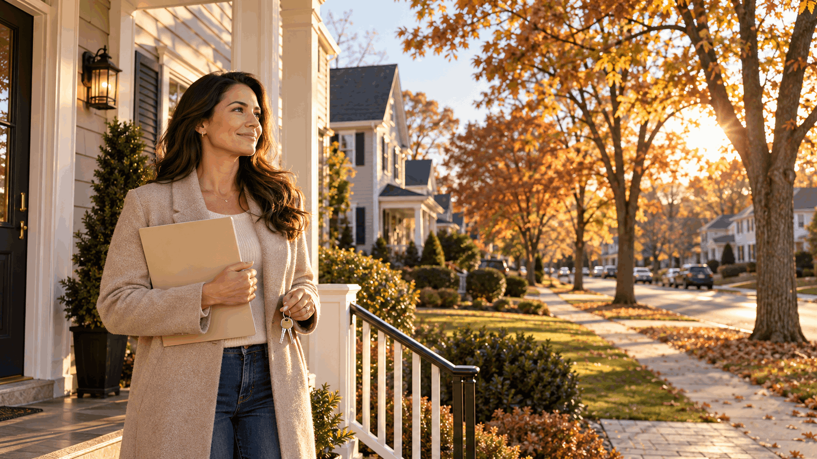 Estate beneficiary holding house keys and property documents on the porch of an inherited colonial home in Clifton, NJ, after deciding to sell a probate property.