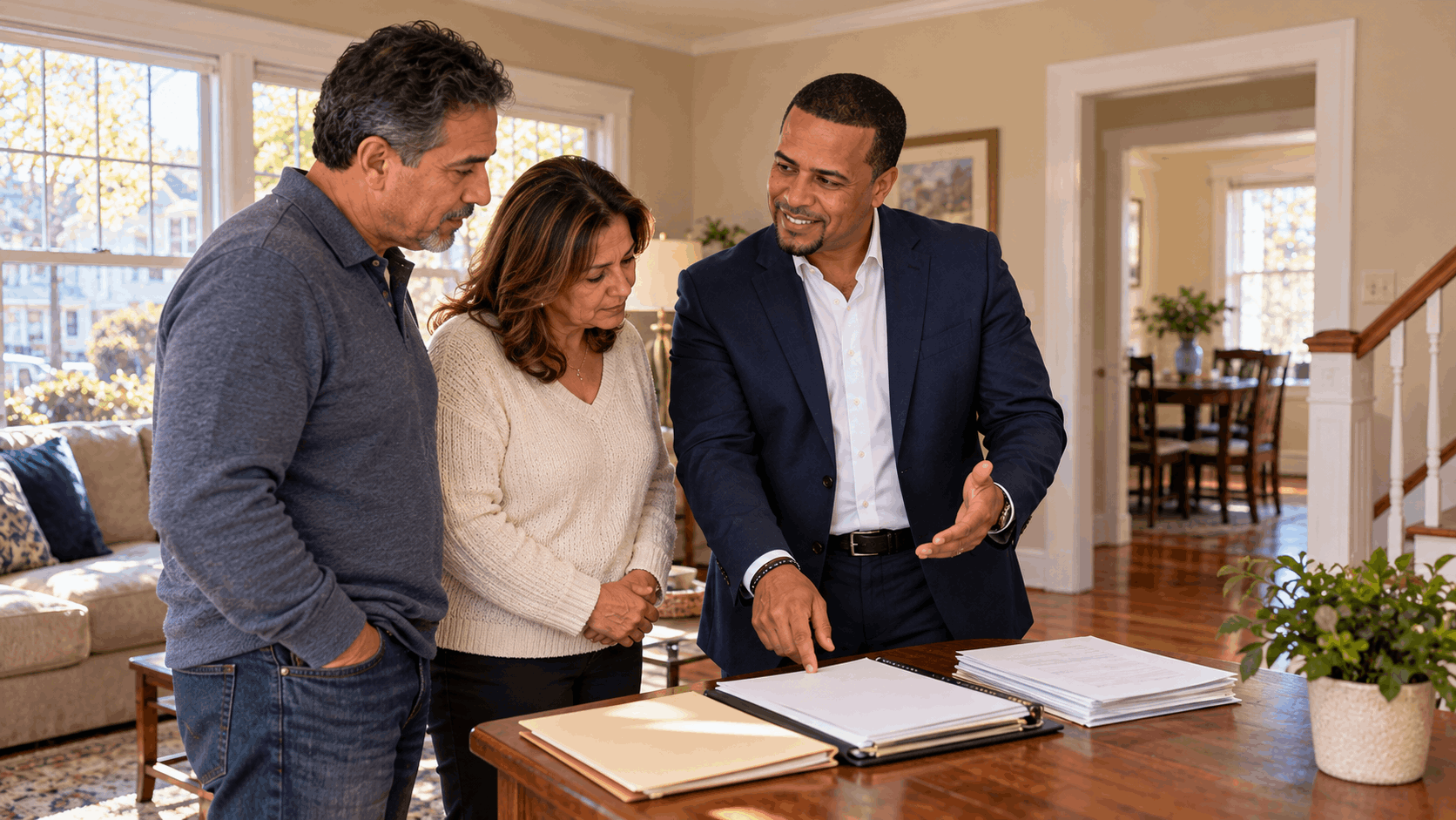 Johnny Rodriguez, North Jersey Realtor, reviewing a probate home-selling checklist and estate documents with family representatives inside an inherited New Jersey home, discussing preparation, selling costs, and next steps.