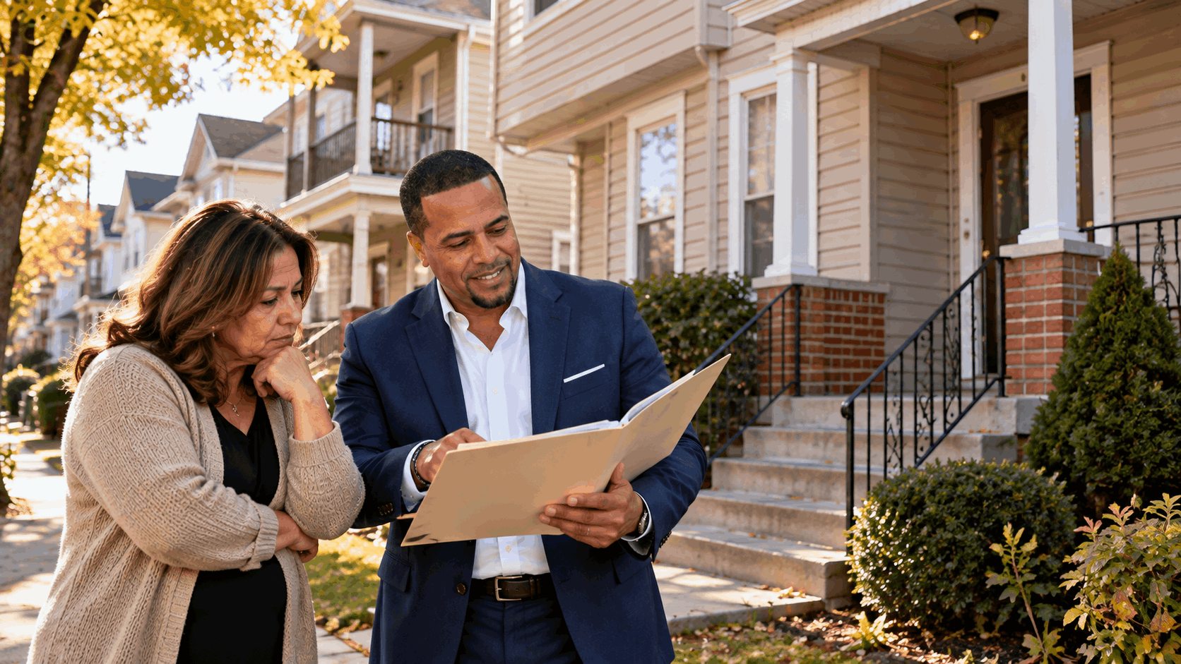 Johnny Rodriguez, North Jersey Realtor, reviewing probate property documents with an estate representative outside an older two-family home in Paterson, NJ, discussing inherited house selling challenges and options.