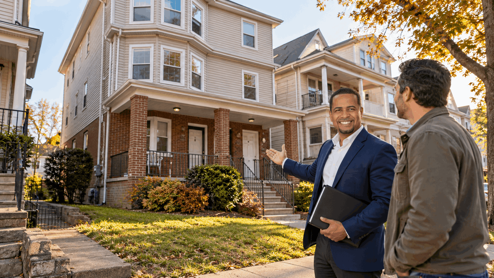 Johnny Rodriguez, Paterson NJ Realtor, showing a three-story multifamily home to a prospective buyer, highlighting real estate investment opportunities and two-family and three-family homes in Paterson, New Jersey.
